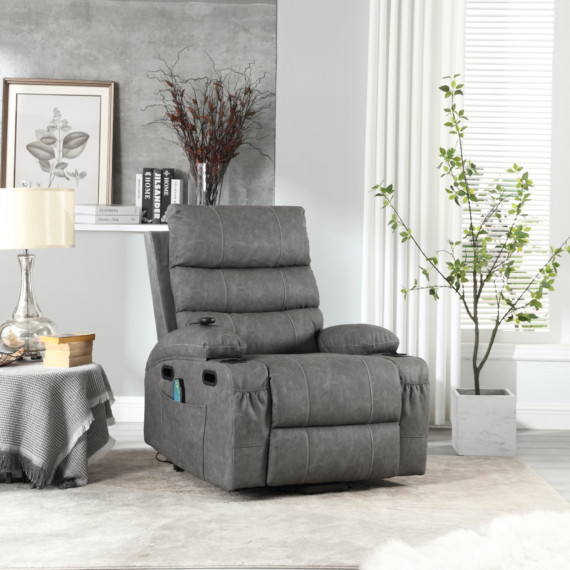 21"Seat Width,Large Size Electric Power Lift Recliner Chair Sofa For Elderly, 8 Point Vibration Massage And Lumber Heat, Remote Control, Side Pockets And Cup Holders, Cozy Fabric, Overstuffed Arm Pu Gray Pu