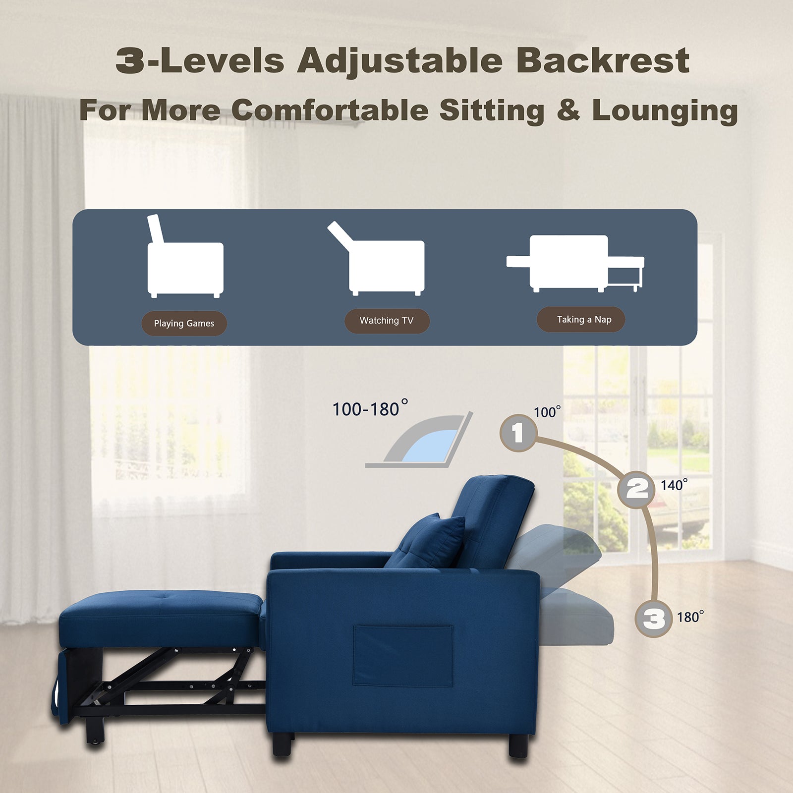 3 In 1 Convertible Futon Sofa Bed With Adjustable Backrest, Single Sofa Bed With Pull Out Sleeper, Convertible Futon Chair For Living Room, Side Bag And 1 Lumbar Pillow,Navy Navy Linen Wood Fabric 1 Seat