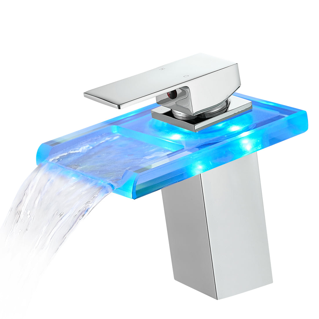 Bathroom Sink Faucet Led Light 3 Colors Changing Waterfall Glass Spout Hot Cold Water Mixer Single Handle One Hole Deck Mounted Bathroom Faucet Black Lavatory Vanity Basin Bath Plumbing Fixtures Bathroom Knob Handles Geometric One Chrome Side Sprayer