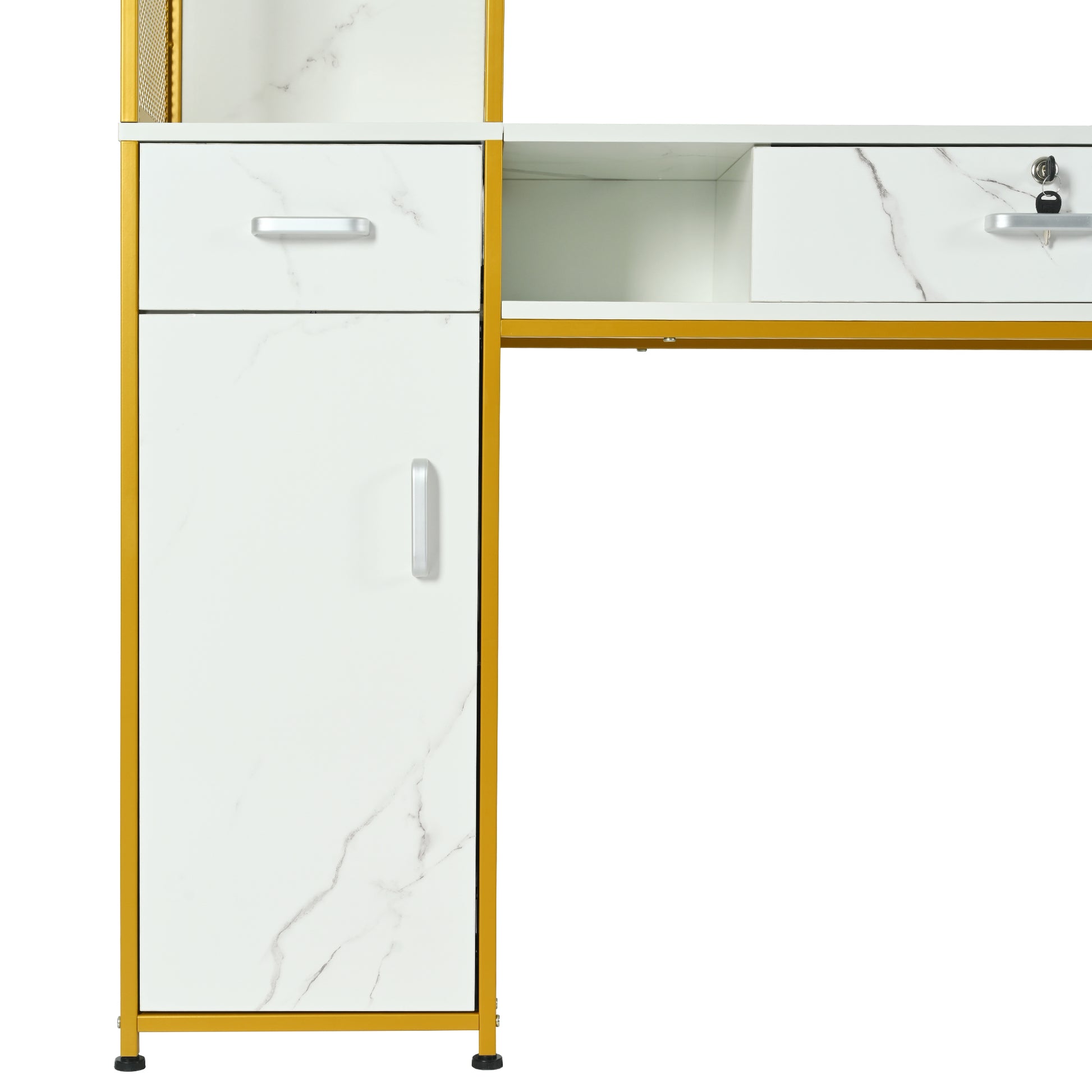 Barber Salon Station For Hair Stylist,Beauty Salon Station With Lockable Drawer, Left Shelf And Storage Cabinet, Beauty Spa Equipment, Mirror Not Included,White Gold White Modern Mdf Mdf Metal