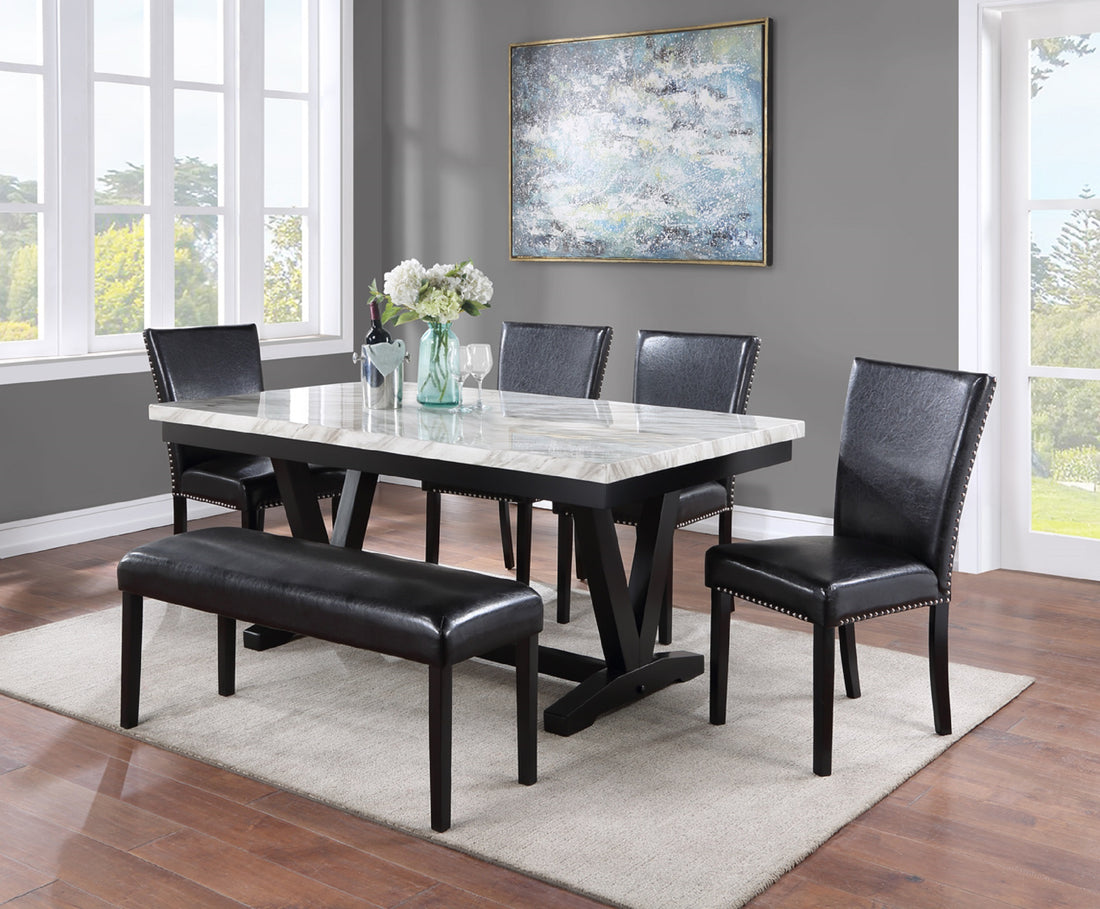 White Faux Marble & Black Finish Dining Table Set Black Faux Leather Upholstered Chairs Bench Trim Polyurethane Fabric 6Pc Set Wood Marble White Black Seats 6 Wood Dining Room 72 Inches Traditional,Vintage Rectangular Rectangular Dining Table With Chair