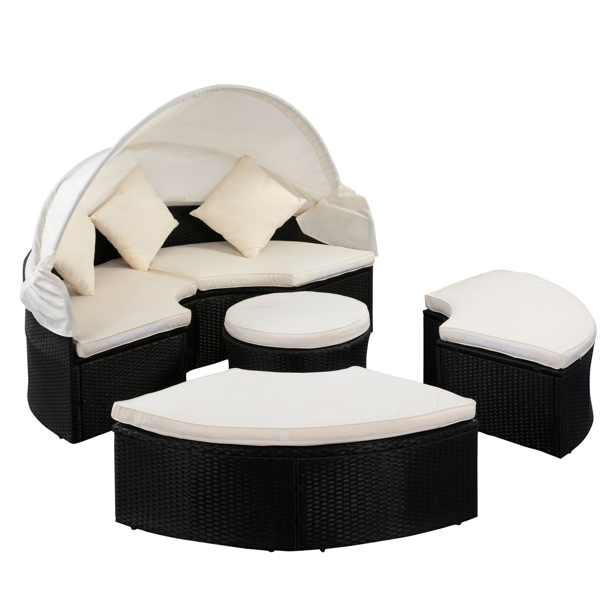 Outdoor Patio Round Daybed With Retractable Canopy Rattan Wicker Furniture Sectional Seating Set Black Wicker Creme Cushion Yes Complete Patio Set Beige Black Rust Resistant Frame Mildew Resistant Cushion Garden & Outdoor Modern Complete Patio Sets Fiber