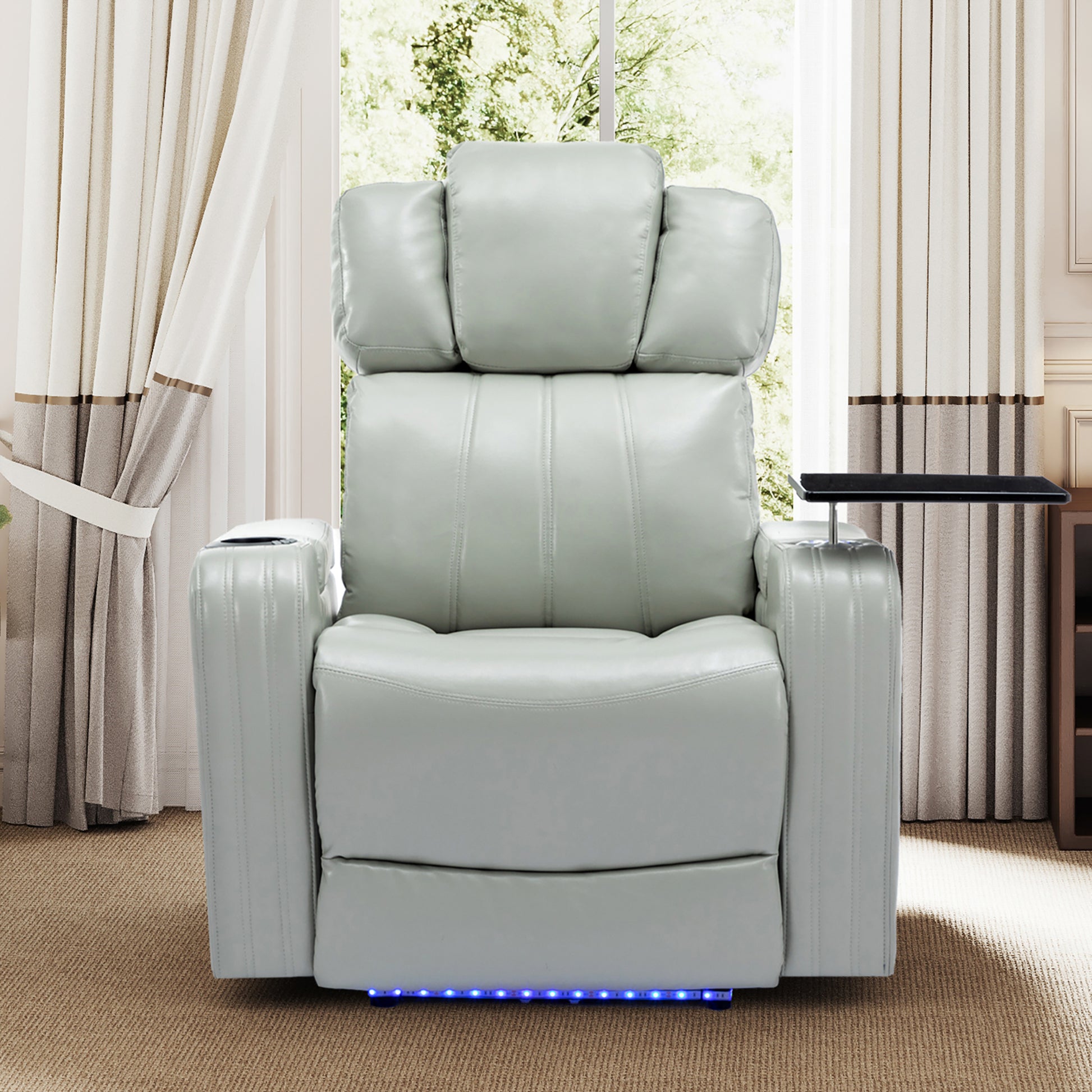 Pu Leather Power Recliner Individual Seat Home Theater Recliner With Cooling Cup Holder, Bluetooth Speaker, Led Lights, Usb Ports, Tray Table, Arm Storage For Living Room, Grey Grey Foam Pu