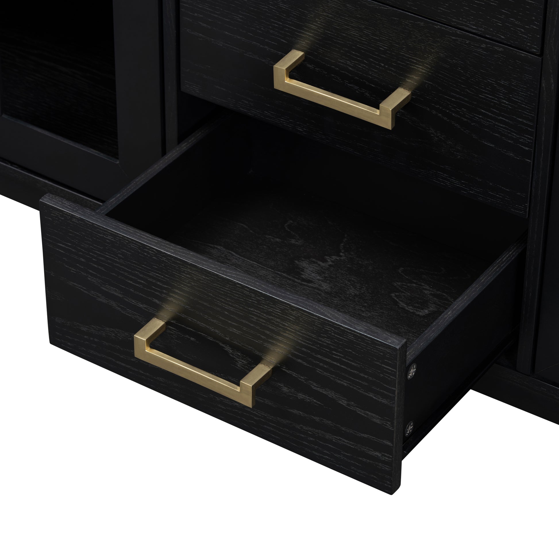 6 Drawer And 2 Cabinet Retro Sideboard With Extra Large Storage Space, With Gold Handles And Solid Wood Legs, For Kitchen And Living Room Black Black Solid Wood Mdf