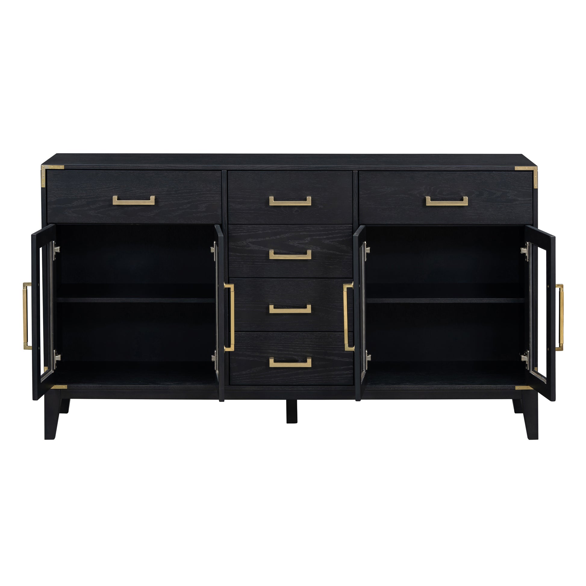 6 Drawer And 2 Cabinet Retro Sideboard With Extra Large Storage Space, With Gold Handles And Solid Wood Legs, For Kitchen And Living Room Black Black Solid Wood Mdf