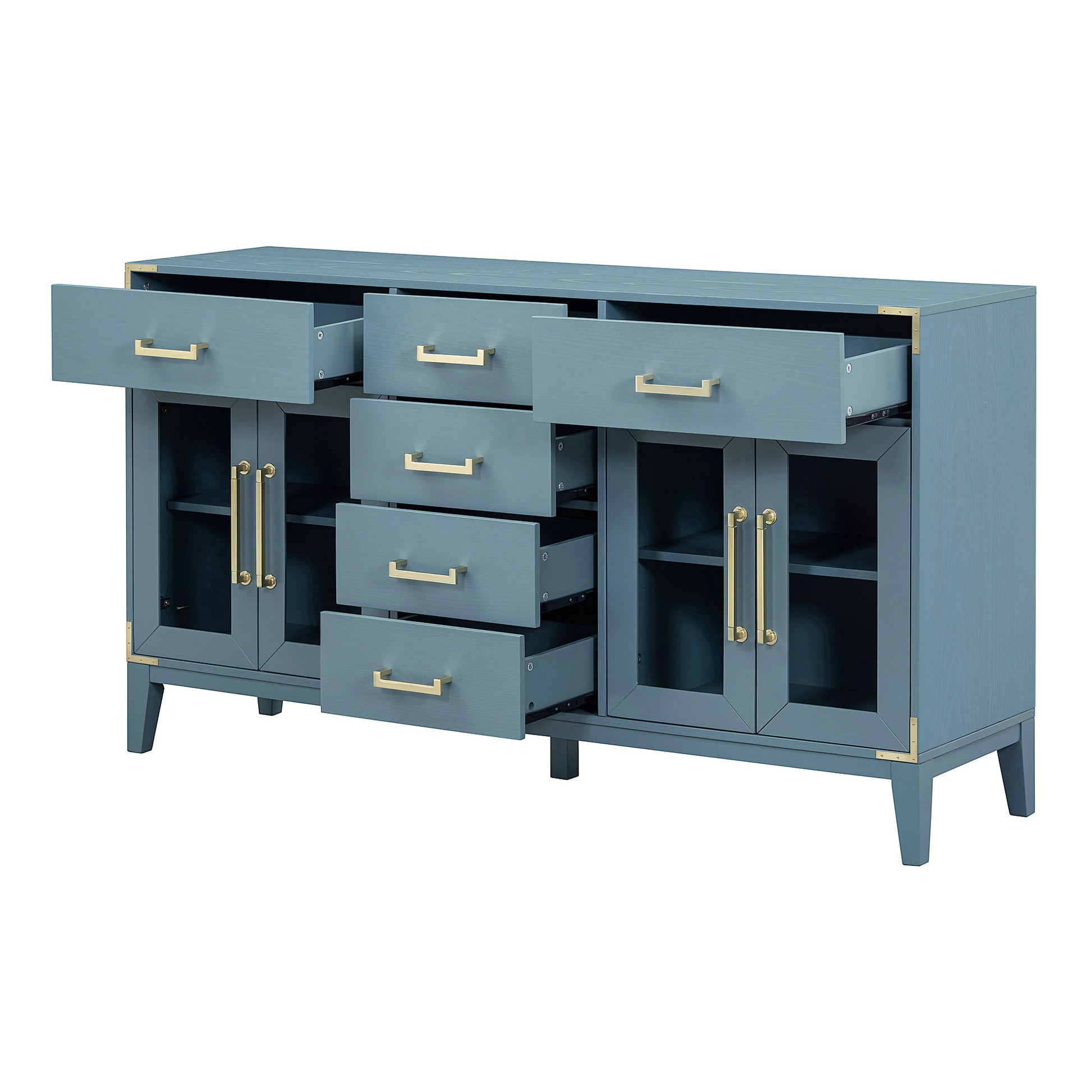 6 Drawer And 2 Cabinet Retro Sideboard With Extra Large Storage Space, With Gold Handles And Solid Wood Legs, For Kitchen And Living Room Antique Blue Antique Blue Solid Wood Mdf