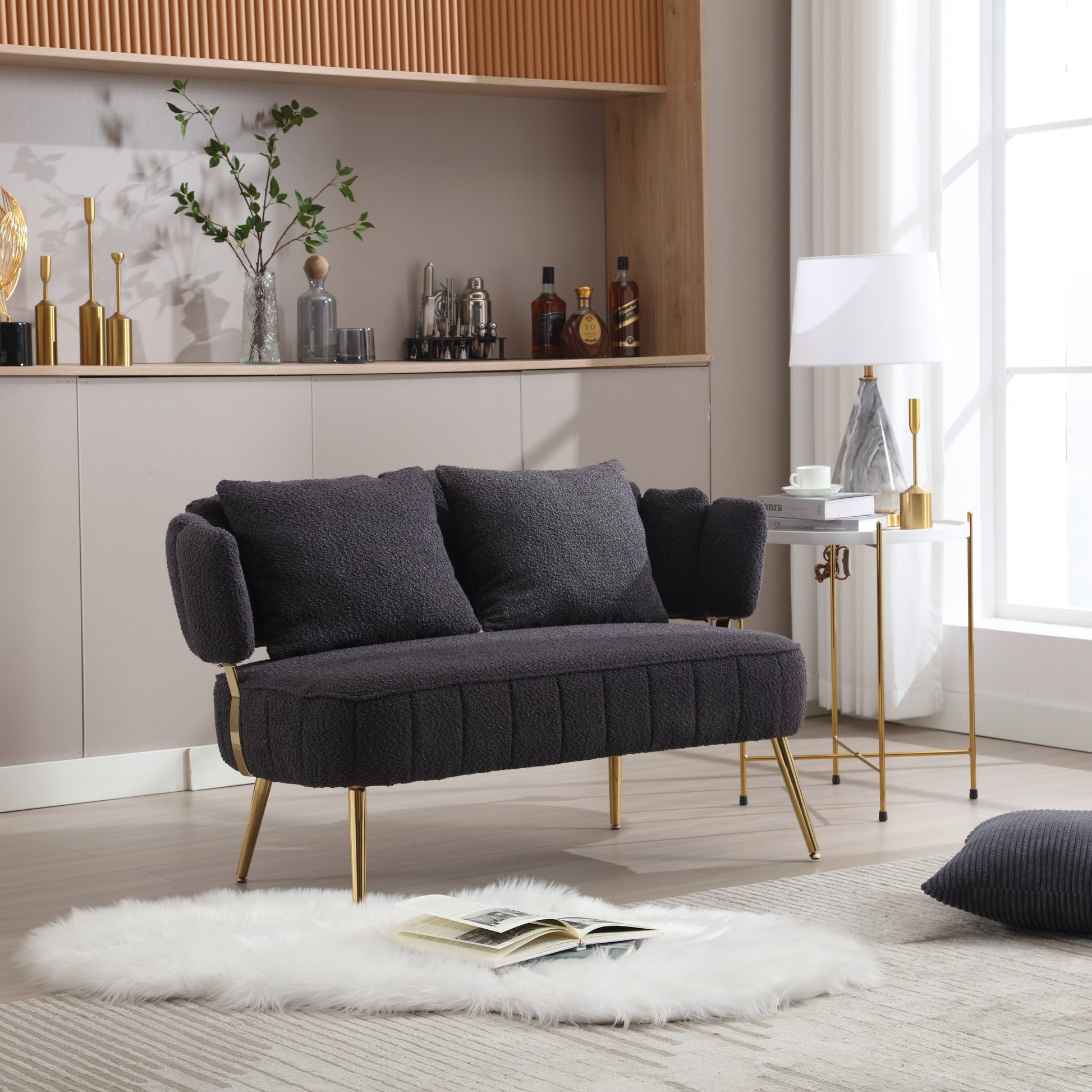 Coolmore Polyester Accent Sofa Modern Upholstered Armsofa Tufted Sofa With Metal Frame, Single Leisure Sofa For Living Room Bedroom Office Balcony Black Boucle