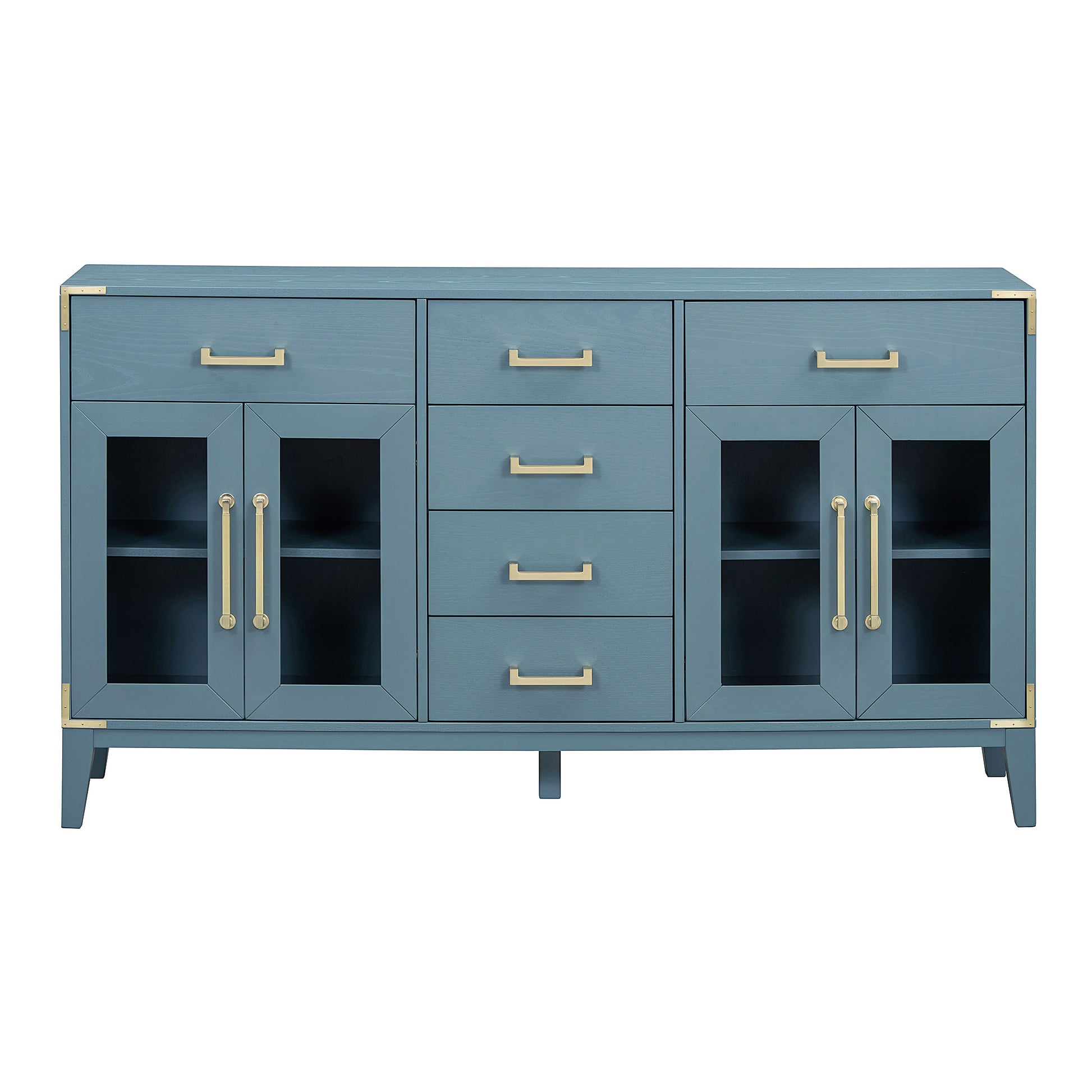 6 Drawer And 2 Cabinet Retro Sideboard With Extra Large Storage Space, With Gold Handles And Solid Wood Legs, For Kitchen And Living Room Antique Blue Antique Blue Solid Wood Mdf