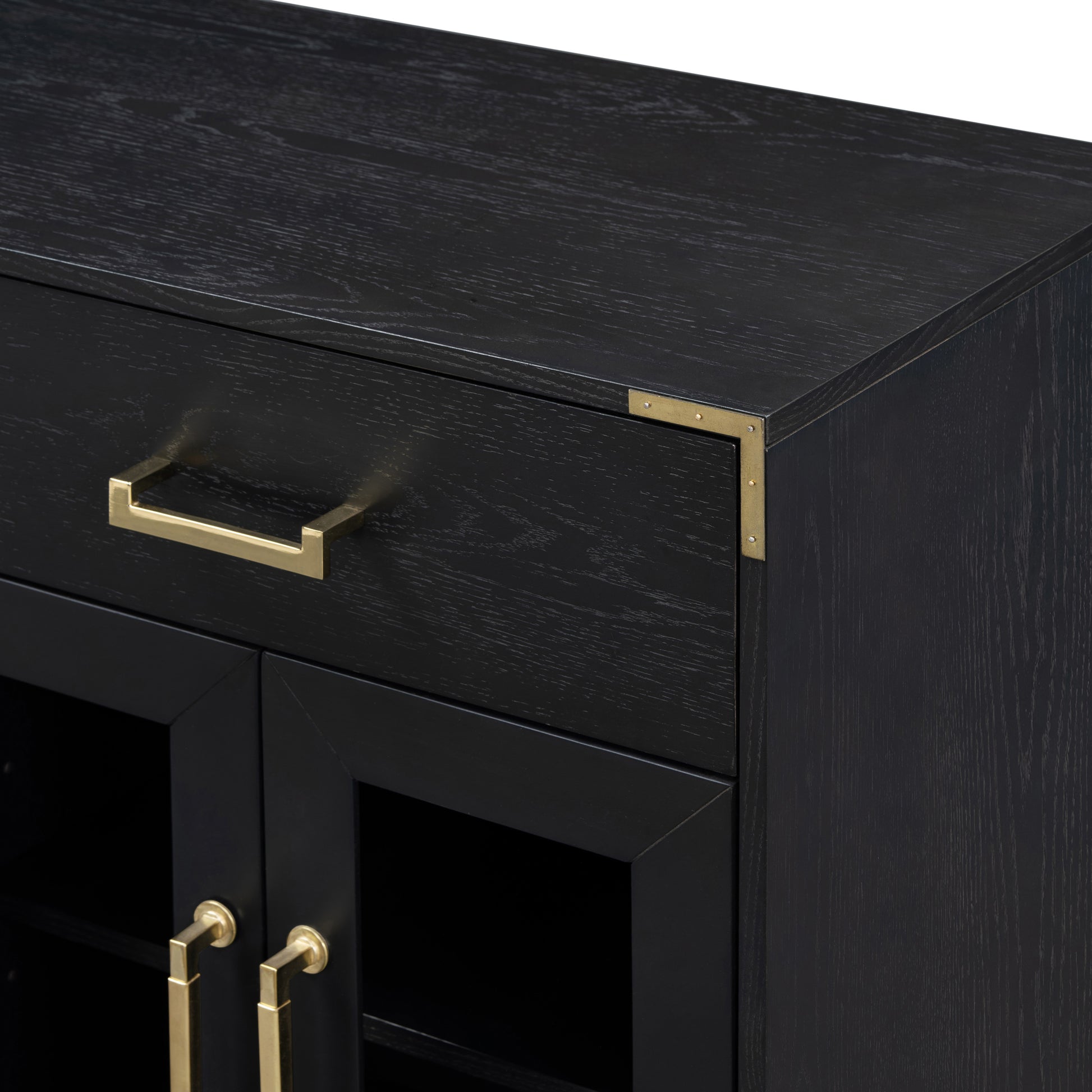 6 Drawer And 2 Cabinet Retro Sideboard With Extra Large Storage Space, With Gold Handles And Solid Wood Legs, For Kitchen And Living Room Black Black Solid Wood Mdf