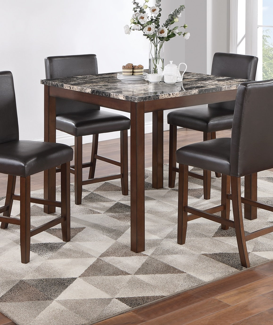 Classic Stylish Espresso Finish 5Pc Counter Height Dining Set Kitchen Dinette Faux Marble Top Table And 4X High Chairs Faux Leather Cushions Seats Dining Room Upholstered Chair Wood Espresso Solid Back Seats 4 Brown Wood Dining Room