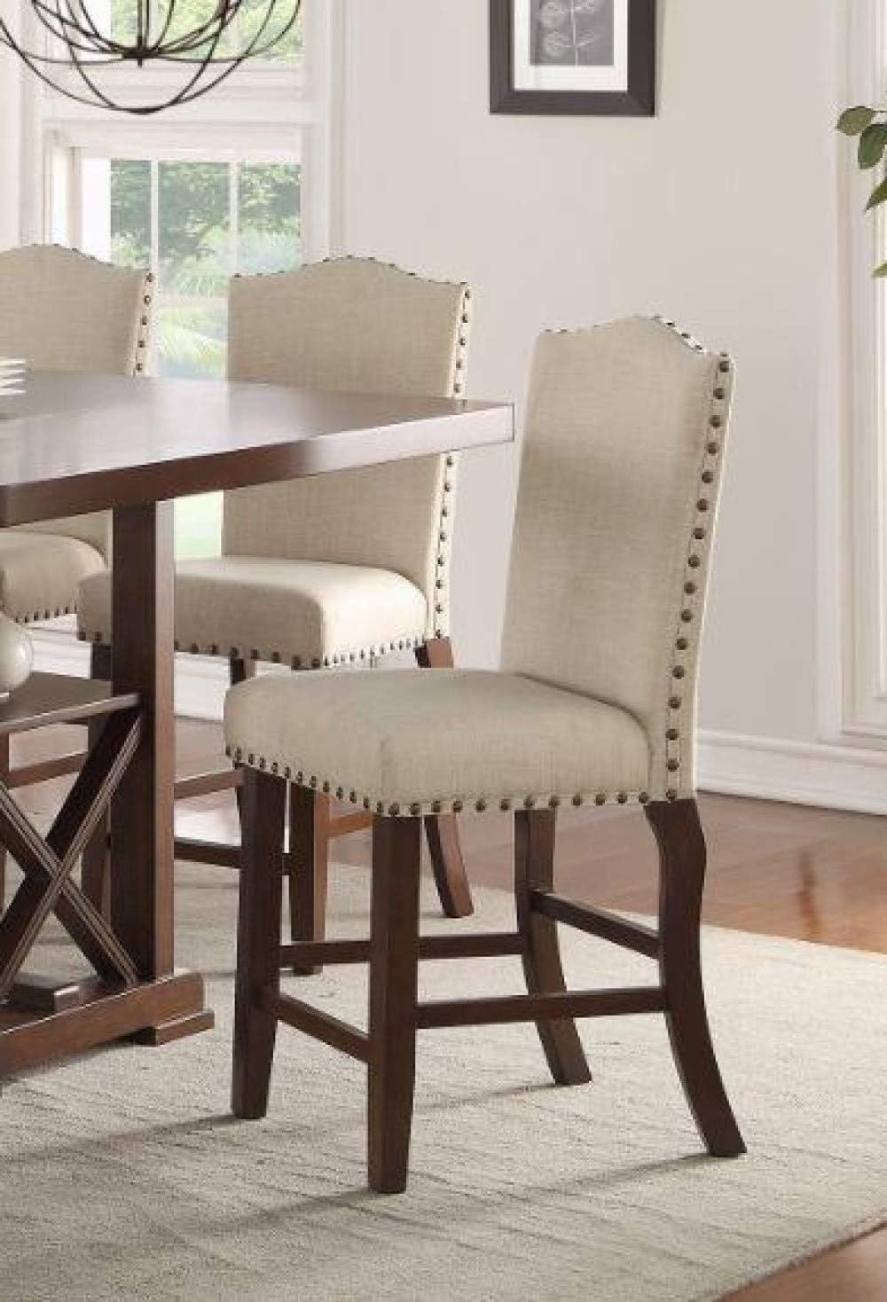 Classic Cream Upholstered Cushion Chairs Set Of 2Pc Counter Height Dining Chair Nailheads Solid Wood Legs Dining Room Cream Brown Dining Room Classic,Modern Dining Chairs Rubberwood Solid Back Solid Wood