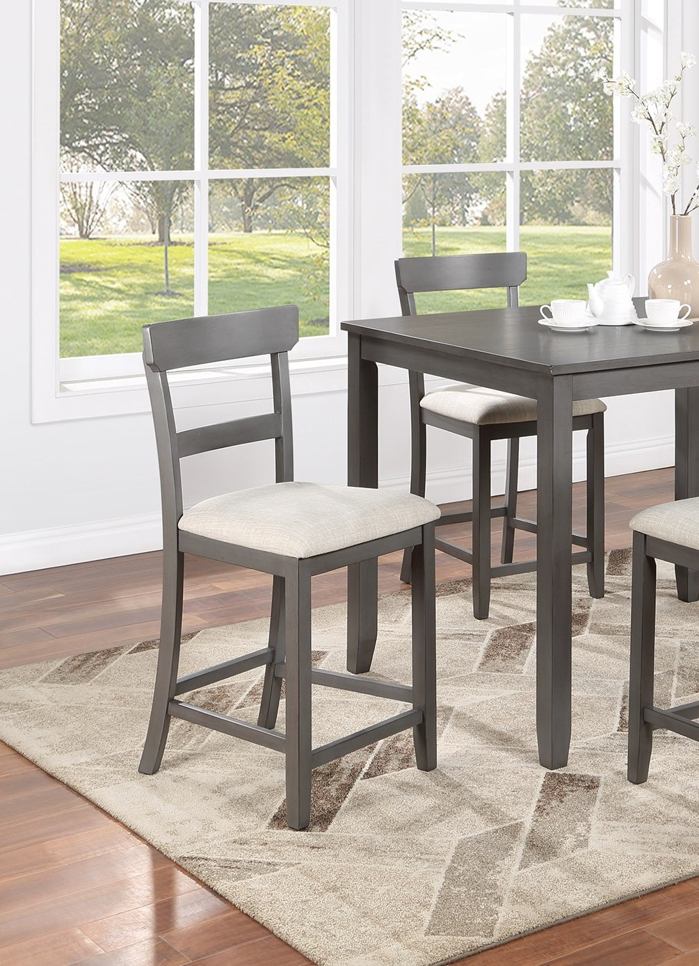 Classic Stylish Gray Natural Finish 5Pc Counter Height Dining Set Kitchen Wooden Top Table And Chairs Cushions Seats Ladder Back Chair Dining Room Gray Wood Dining Room Rectangular Dining Table With Chair Upholstered Chair Wood Natural Grey Ladder Back