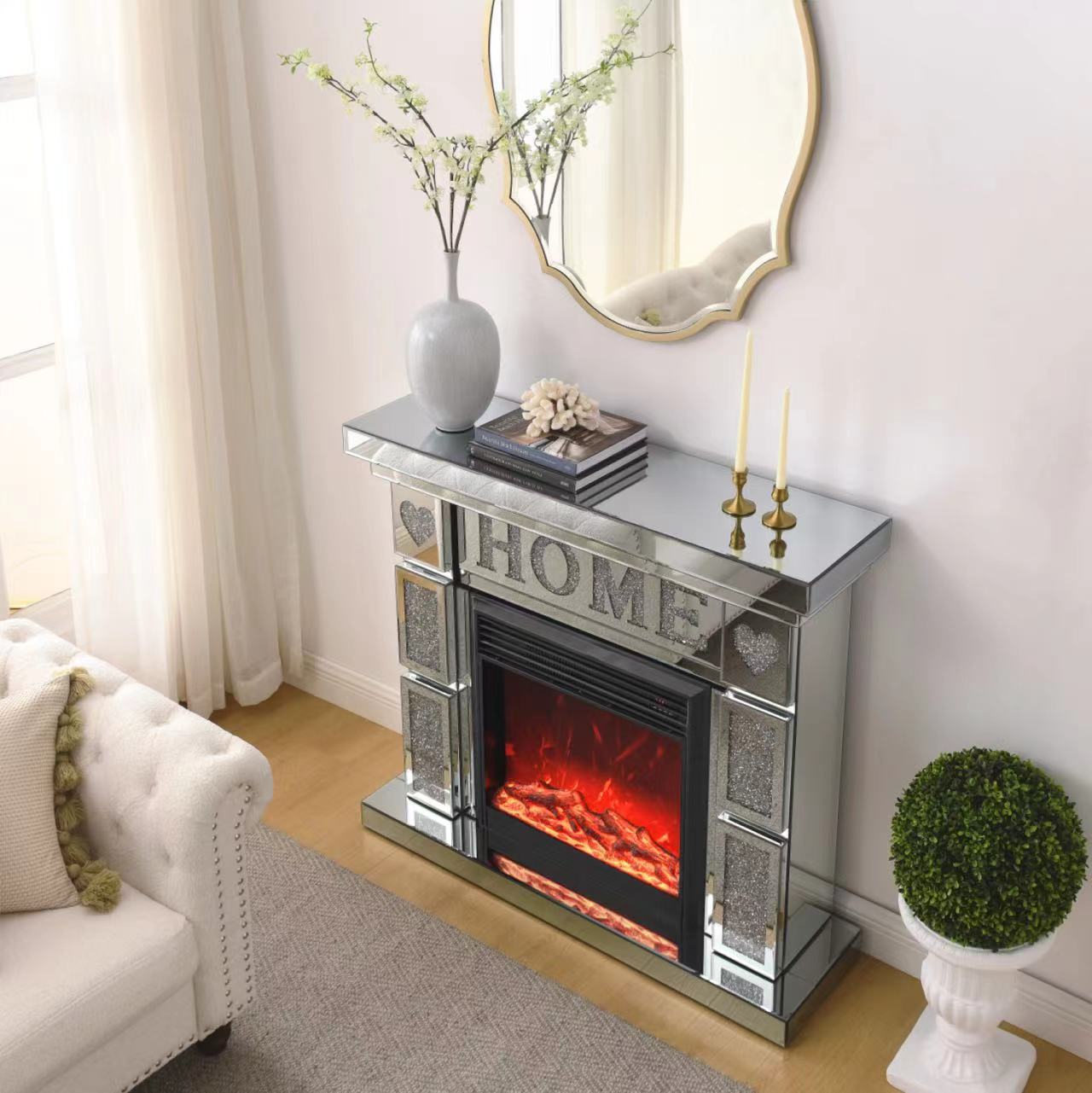 W 46" X D 12.6 X H 41 " Acrylic Diamond Mirror Fireplace Cabinet, Tv Fireplace Cabinet Powder Coated Electric Bedroom Yes Freestanding Electric 41 50 Yes Silver 400 Natural Vent American Design Acrylic Mdf Glass