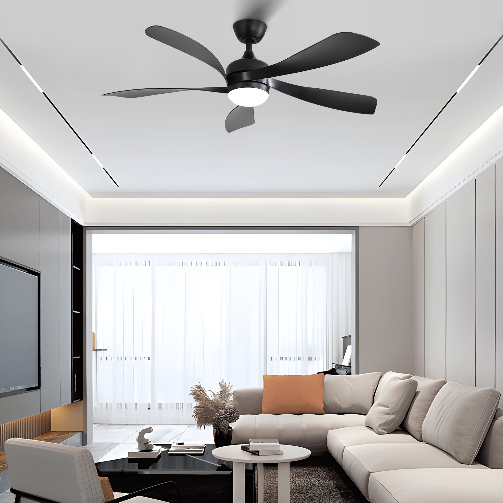 52 Inch Modern With 3 Color Dimmable 5 Abs Blades Remote Control Reversible Dc Motor With Led Light Black Abs