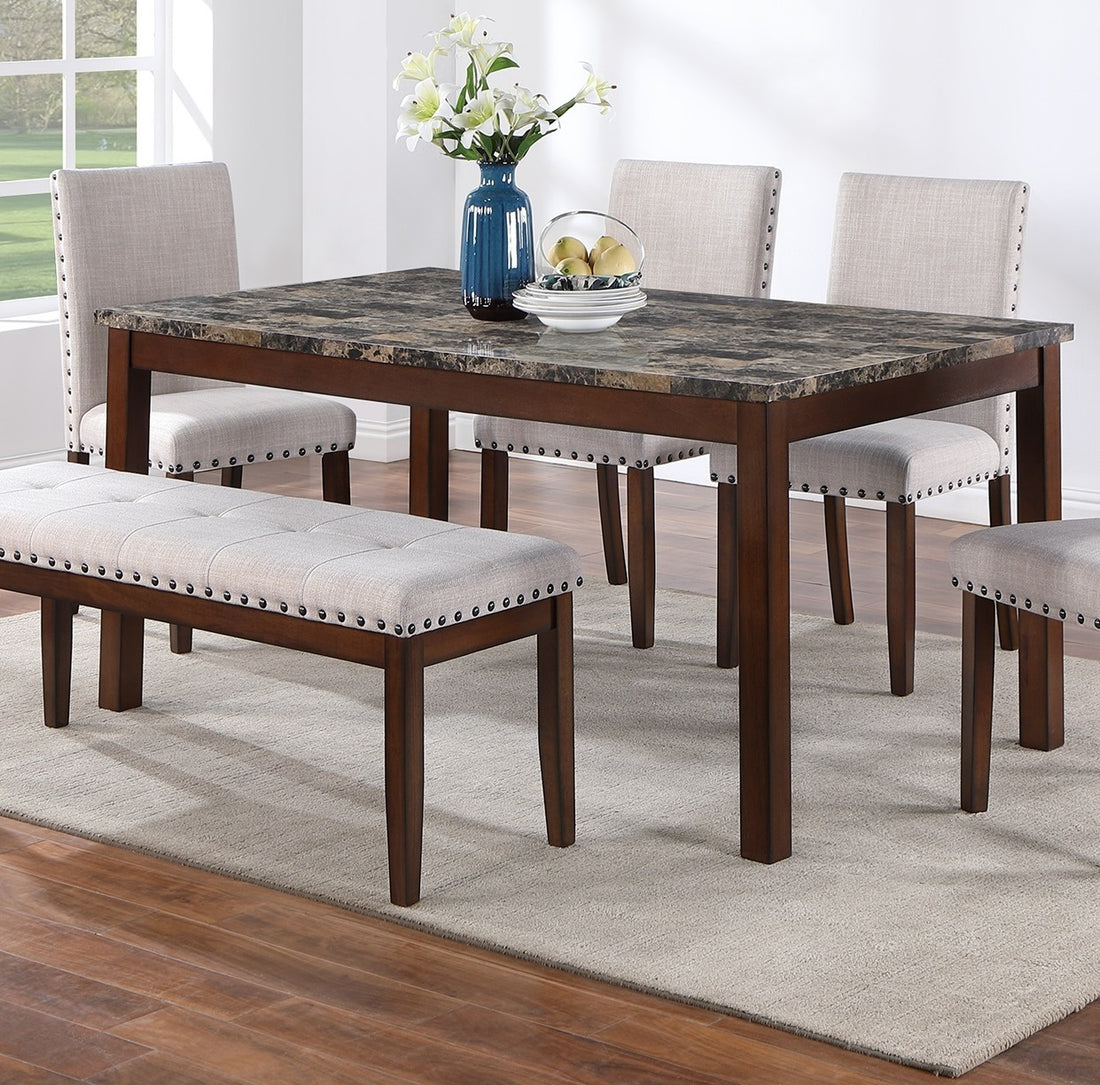 Dining Room Furniture Modern 6Pcs Set Dining Table 4X Side Chairs And A Bench Beige Polyfiber Rubberwood Nailheads Faux Marble Top Brown Wood Dining Room Bench Seating Birch Rectangular Dining Table With Chair And Bench Wood Wood Beige Brown Seats 6 60