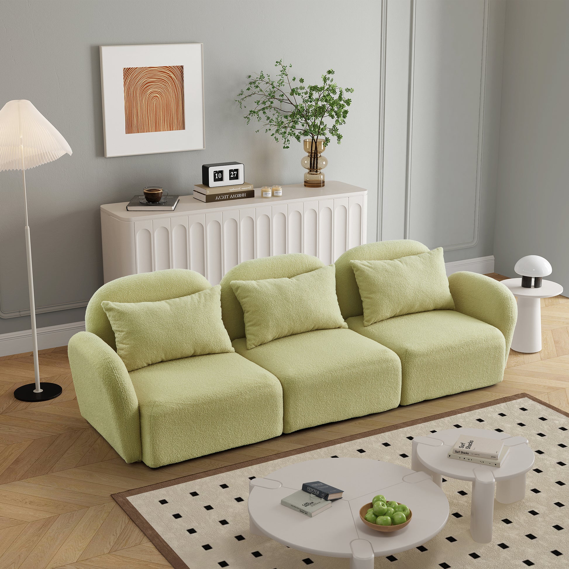 Living Room Furniture Three Seat Lazy Sofa Teddy Fabric Light Green Light Green Foam Teddy