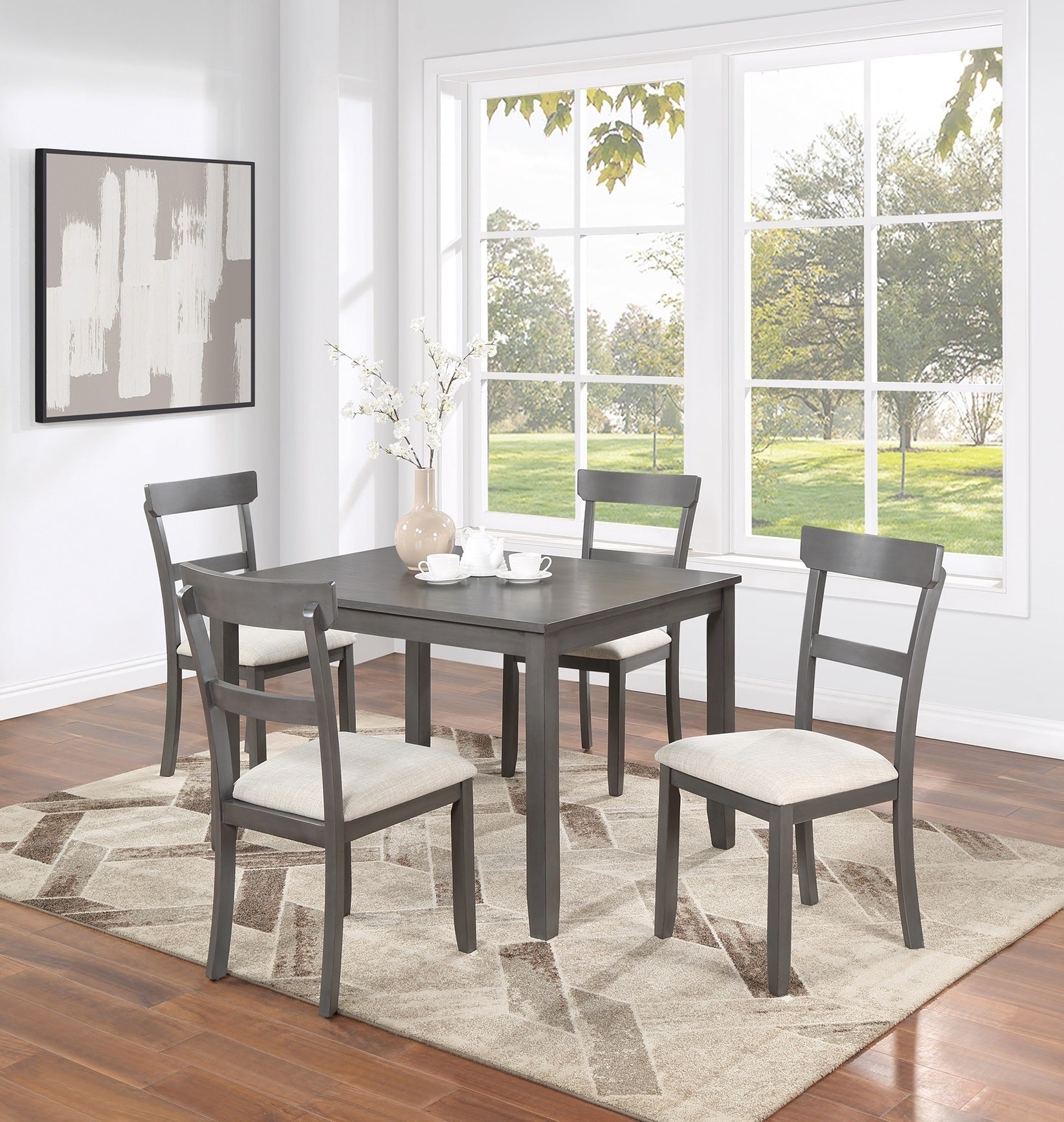 Classic Stylish Gray Natural Finish 5Pc Dining Set Kitchen Dinette Wooden Top Table And Chairs Cushions Seats Ladder Back Chair Dining Room Gray Wood Dining Room Rectangular Dining Table With Chair Upholstered Chair Wood Natural Grey Ladder Back Seats 4