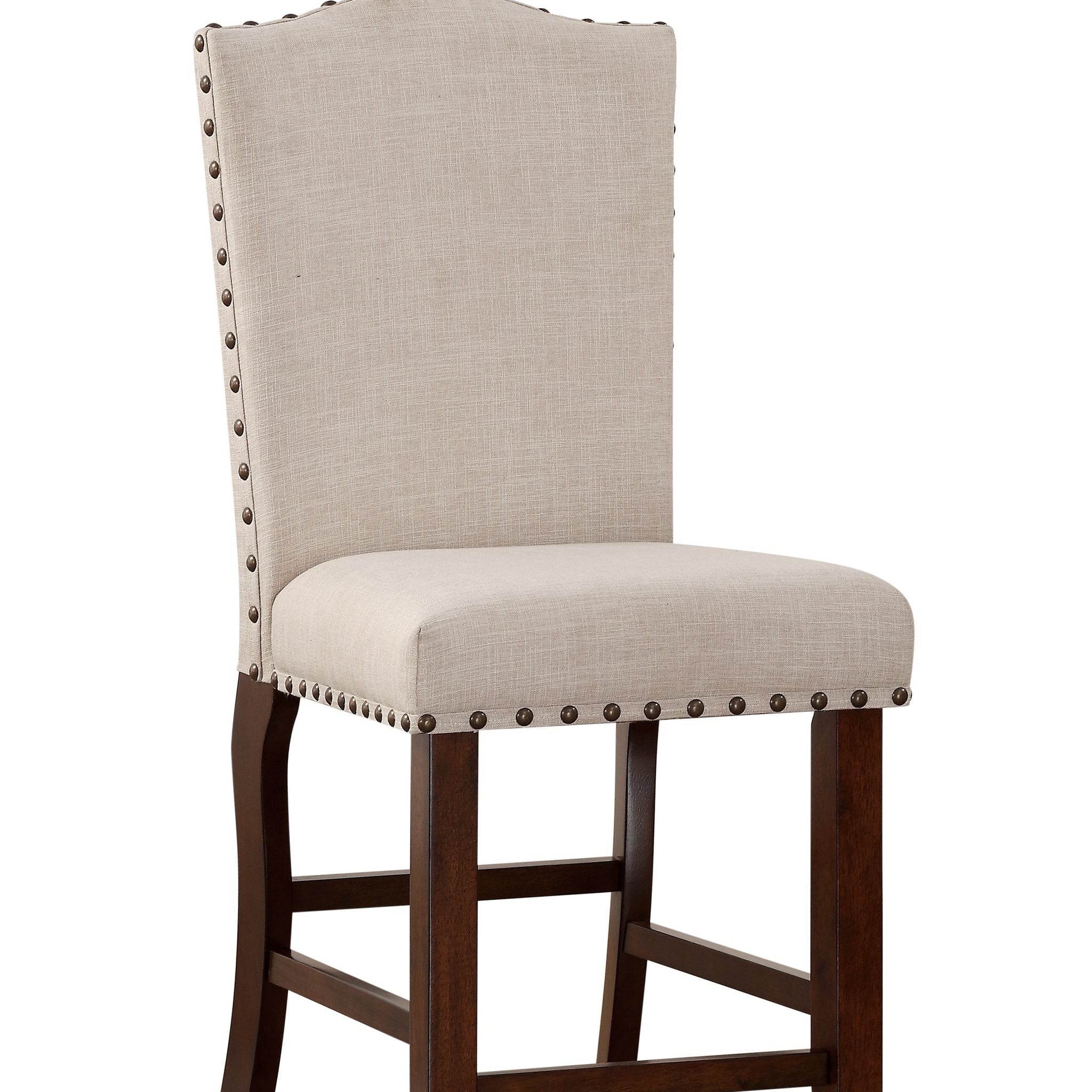 Classic Cream Upholstered Cushion Chairs Set Of 2Pc Counter Height Dining Chair Nailheads Solid Wood Legs Dining Room Cream Brown Dining Room Classic,Modern Dining Chairs Rubberwood Solid Back Solid Wood