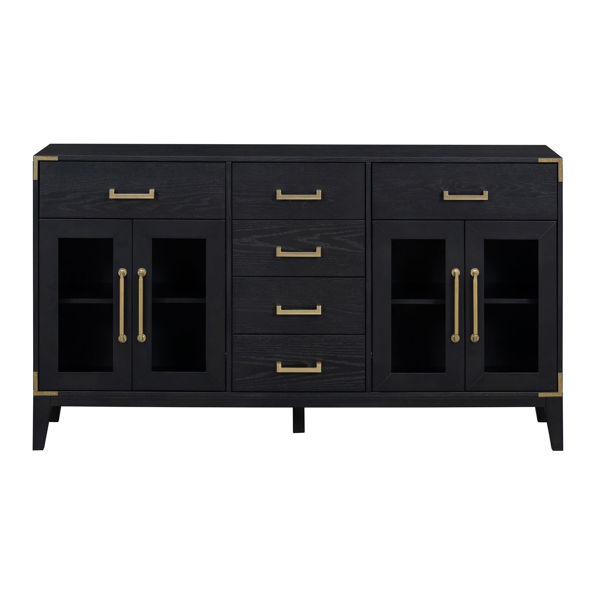 6 Drawer And 2 Cabinet Retro Sideboard With Extra Large Storage Space, With Gold Handles And Solid Wood Legs, For Kitchen And Living Room Black Black Solid Wood Mdf