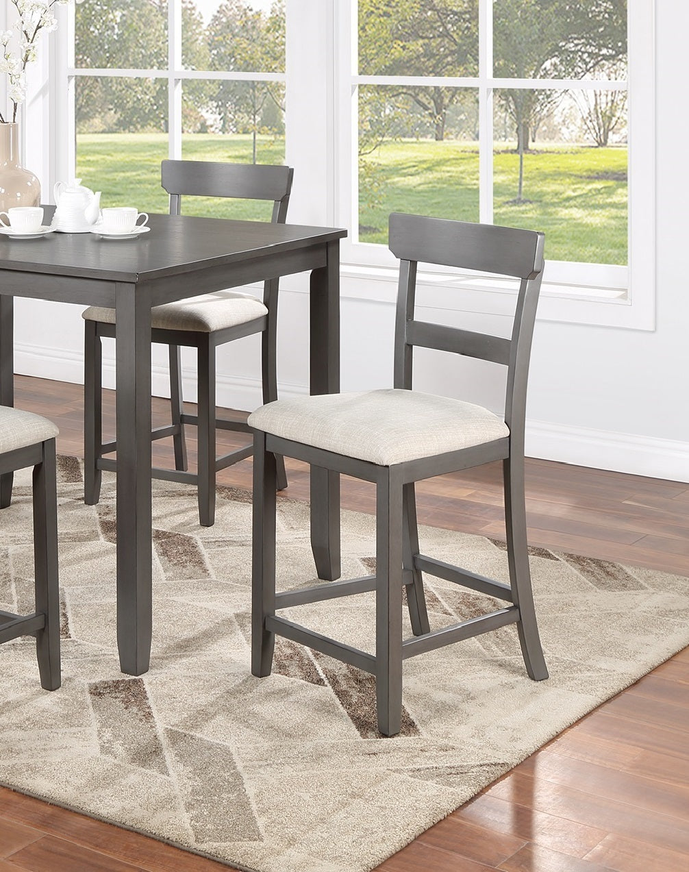 Classic Stylish Gray Natural Finish 5Pc Counter Height Dining Set Kitchen Wooden Top Table And Chairs Cushions Seats Ladder Back Chair Dining Room Gray Wood Dining Room Rectangular Dining Table With Chair Upholstered Chair Wood Natural Grey Ladder Back