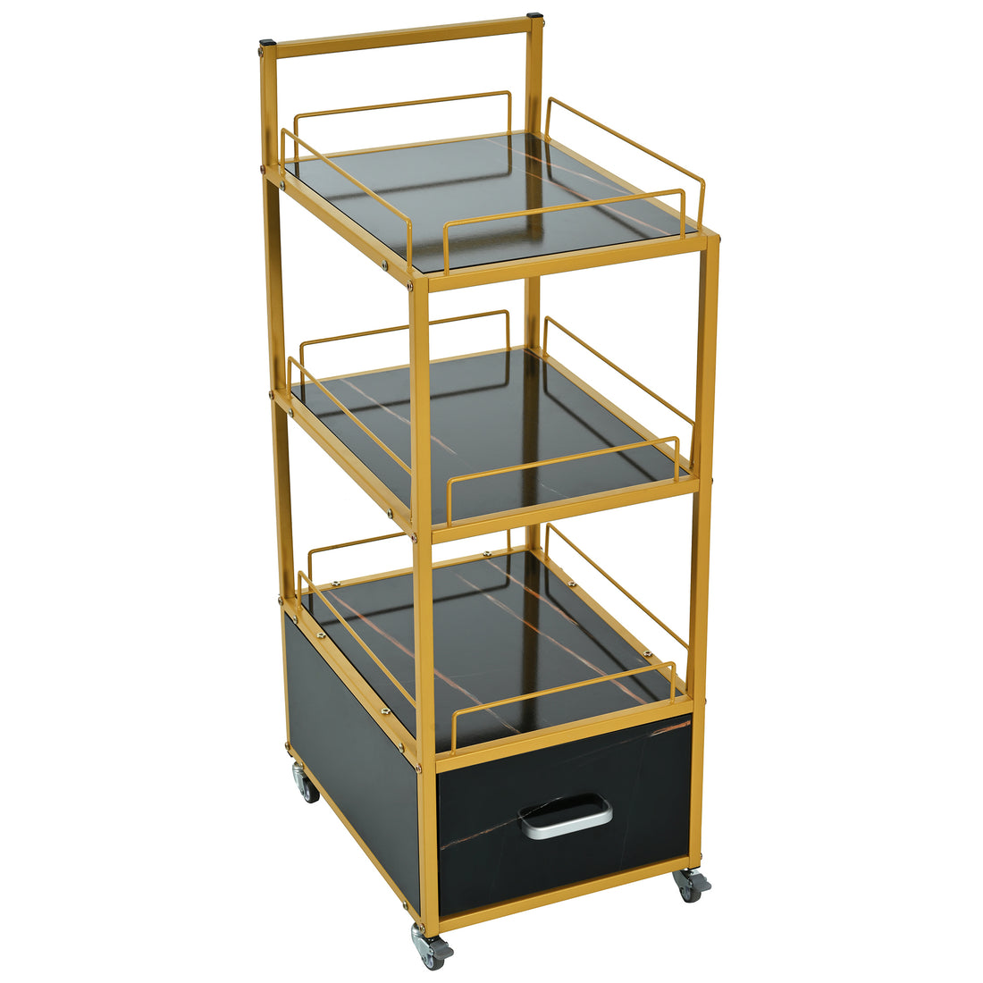 Beauty Salon Storage Trolley Cart,With Lockable Rolling Wheels,Metal Frame Marbled Board,Drawer Barber Salon Furniture,Black Gold Black Modern Mdf Mdf Metal