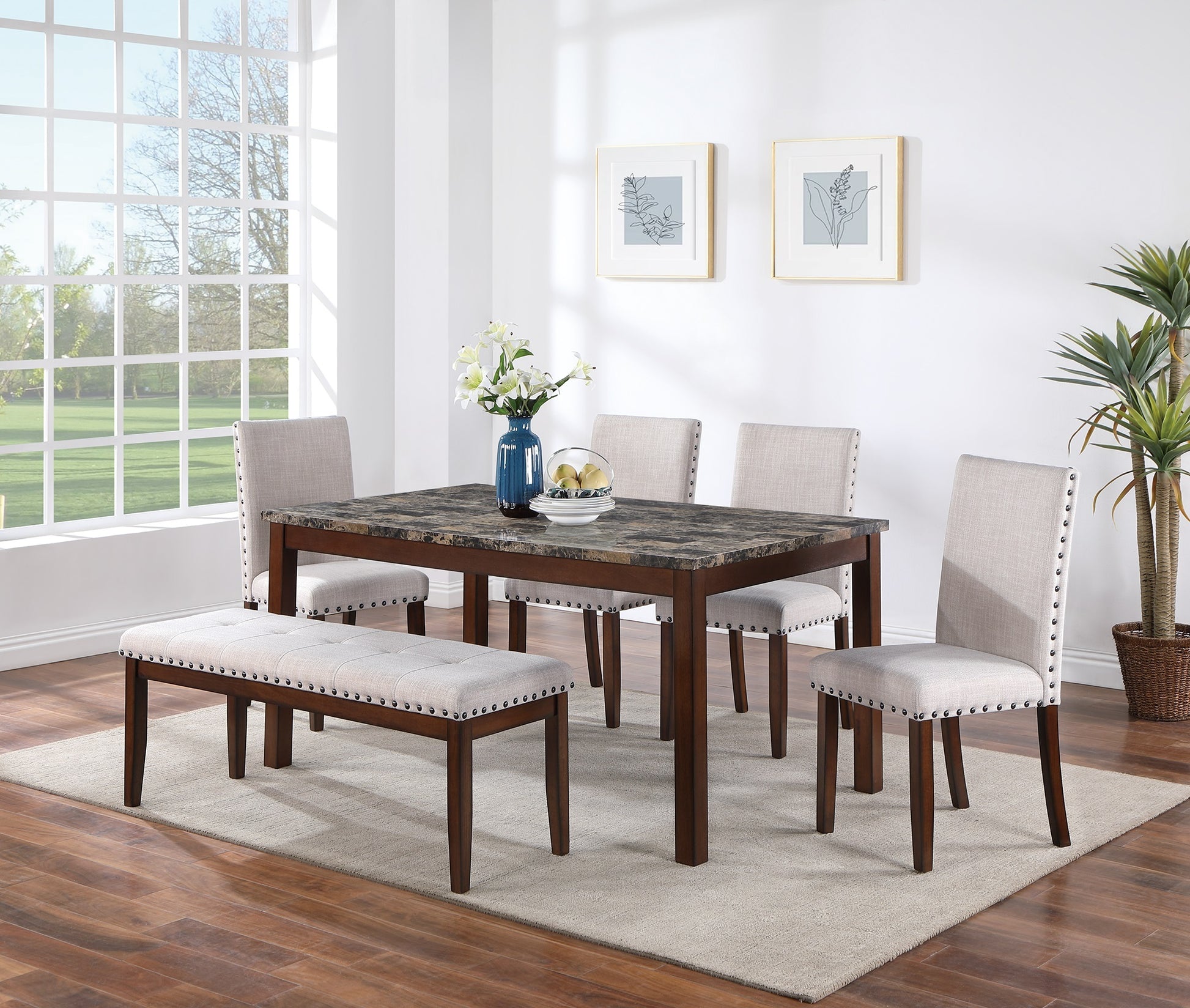 Dining Room Furniture Modern 6Pcs Set Dining Table 4X Side Chairs And A Bench Beige Polyfiber Rubberwood Nailheads Faux Marble Top Brown Wood Dining Room Bench Seating Birch Rectangular Dining Table With Chair And Bench Wood Wood Beige Brown Seats 6 60