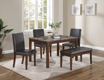 Classic Stylish Espresso Finish 5Pc Dining Set Kitchen Dinette Faux Marble Top Table Bench And 3X Chairs Faux Leather Cushions Seats Dining Room Brown Wood Dining Room Rectangular Dining Table With Chair And Bench Upholstered Chair Wood Espresso Solid