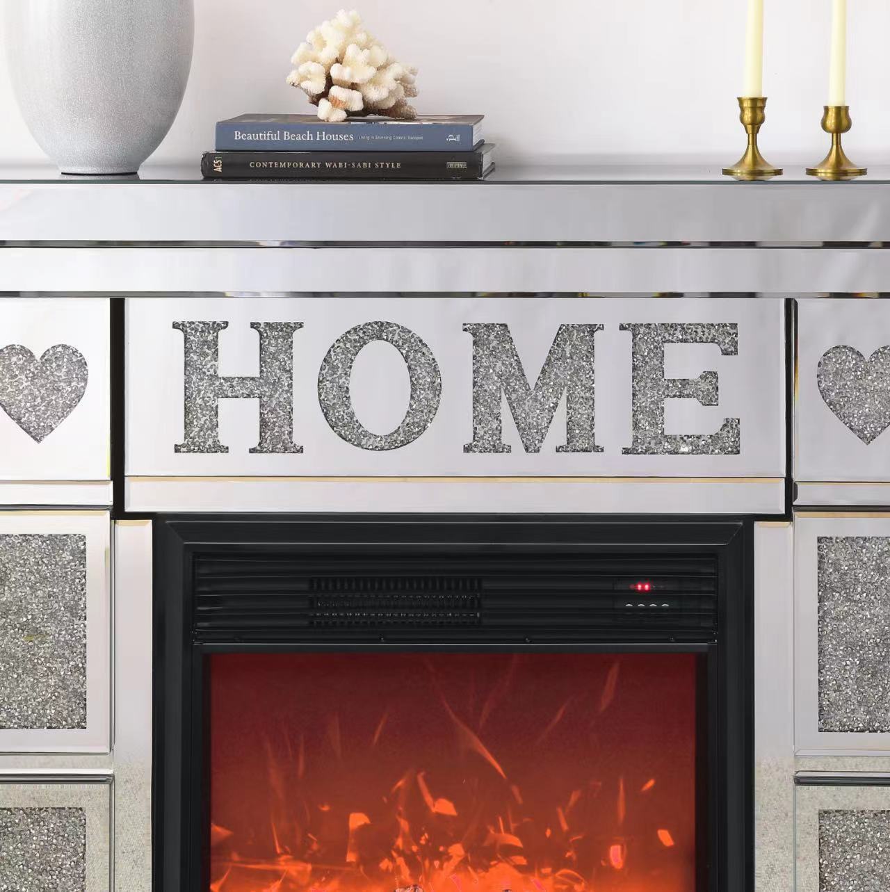 W 46" X D 12.6 X H 41 " Acrylic Diamond Mirror Fireplace Cabinet, Tv Fireplace Cabinet Powder Coated Electric Bedroom Yes Freestanding Electric 41 50 Yes Silver 400 Natural Vent American Design Acrylic Mdf Glass