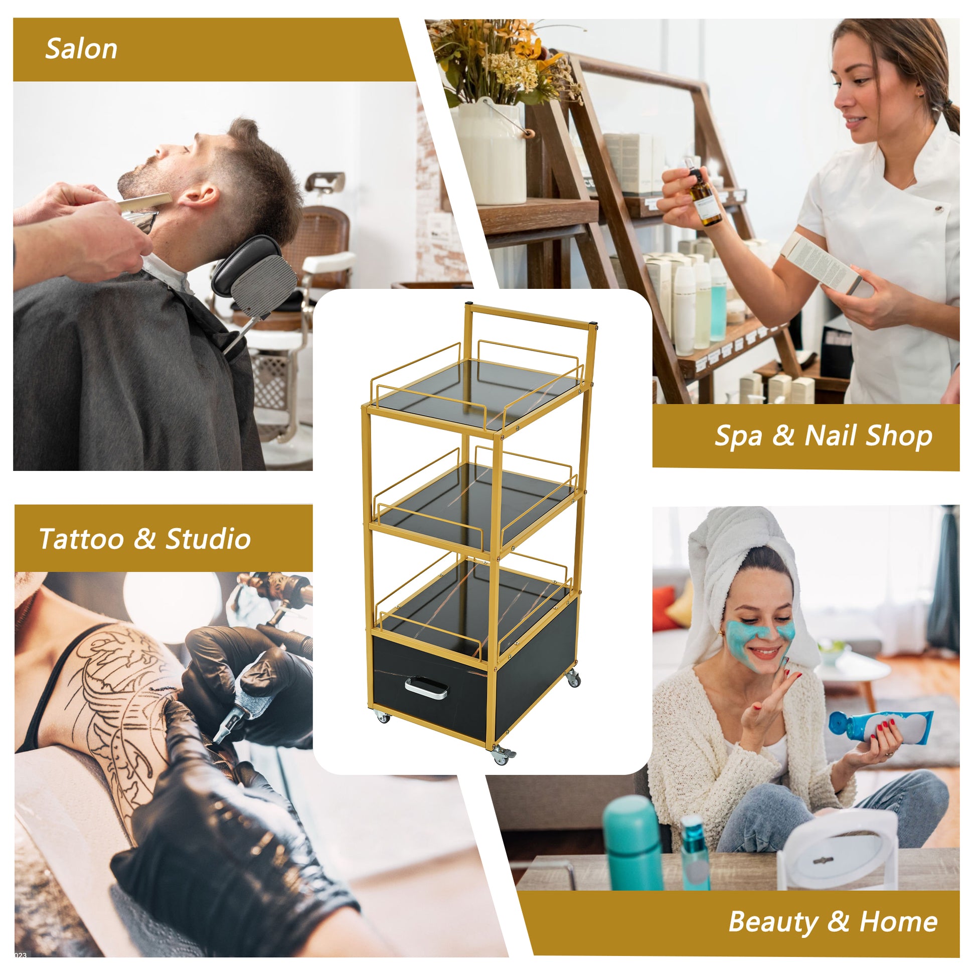 Beauty Salon Storage Trolley Cart,With Lockable Rolling Wheels,Metal Frame Marbled Board,Drawer Barber Salon Furniture,Black Gold Black Modern Mdf Mdf Metal