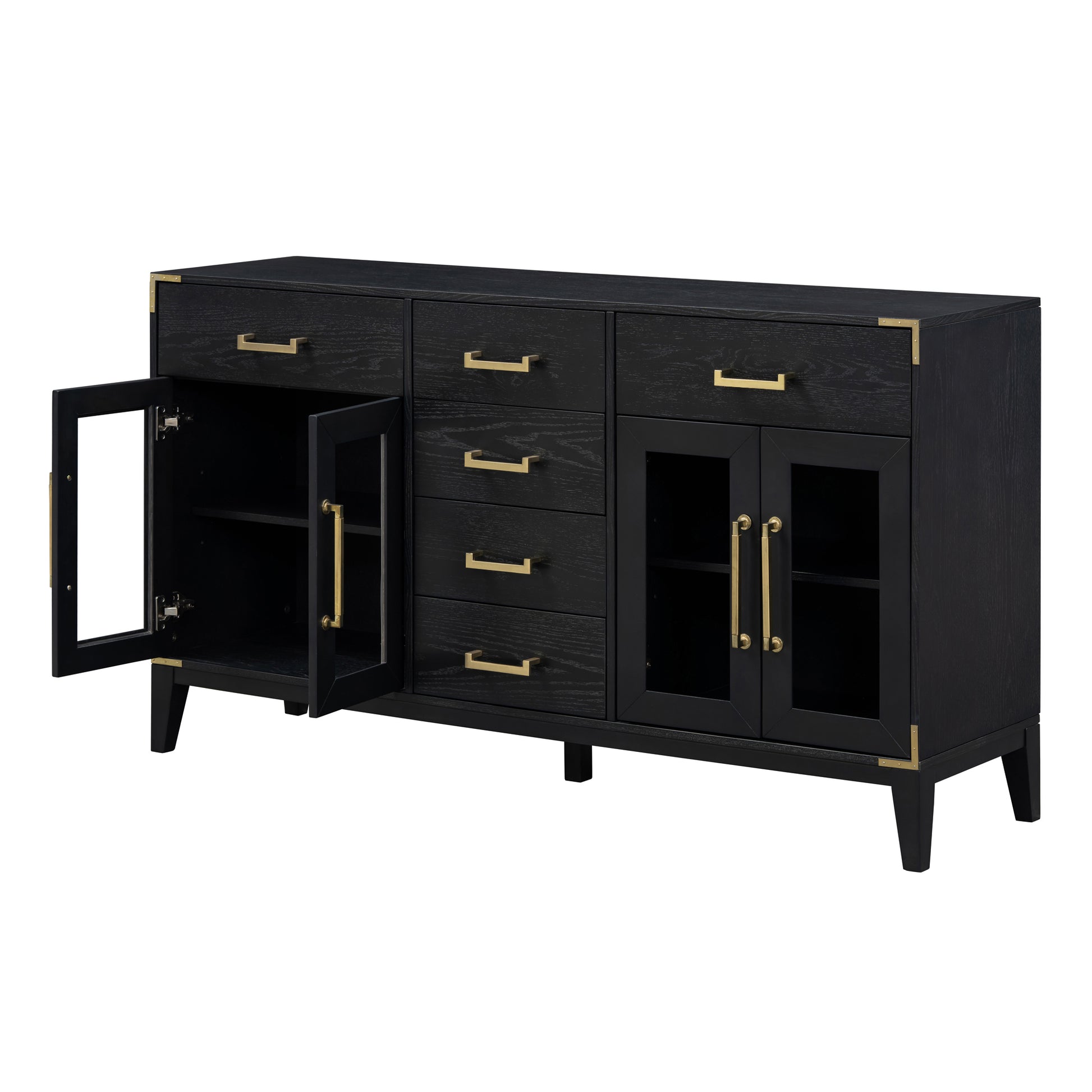 6 Drawer And 2 Cabinet Retro Sideboard With Extra Large Storage Space, With Gold Handles And Solid Wood Legs, For Kitchen And Living Room Black Black Solid Wood Mdf