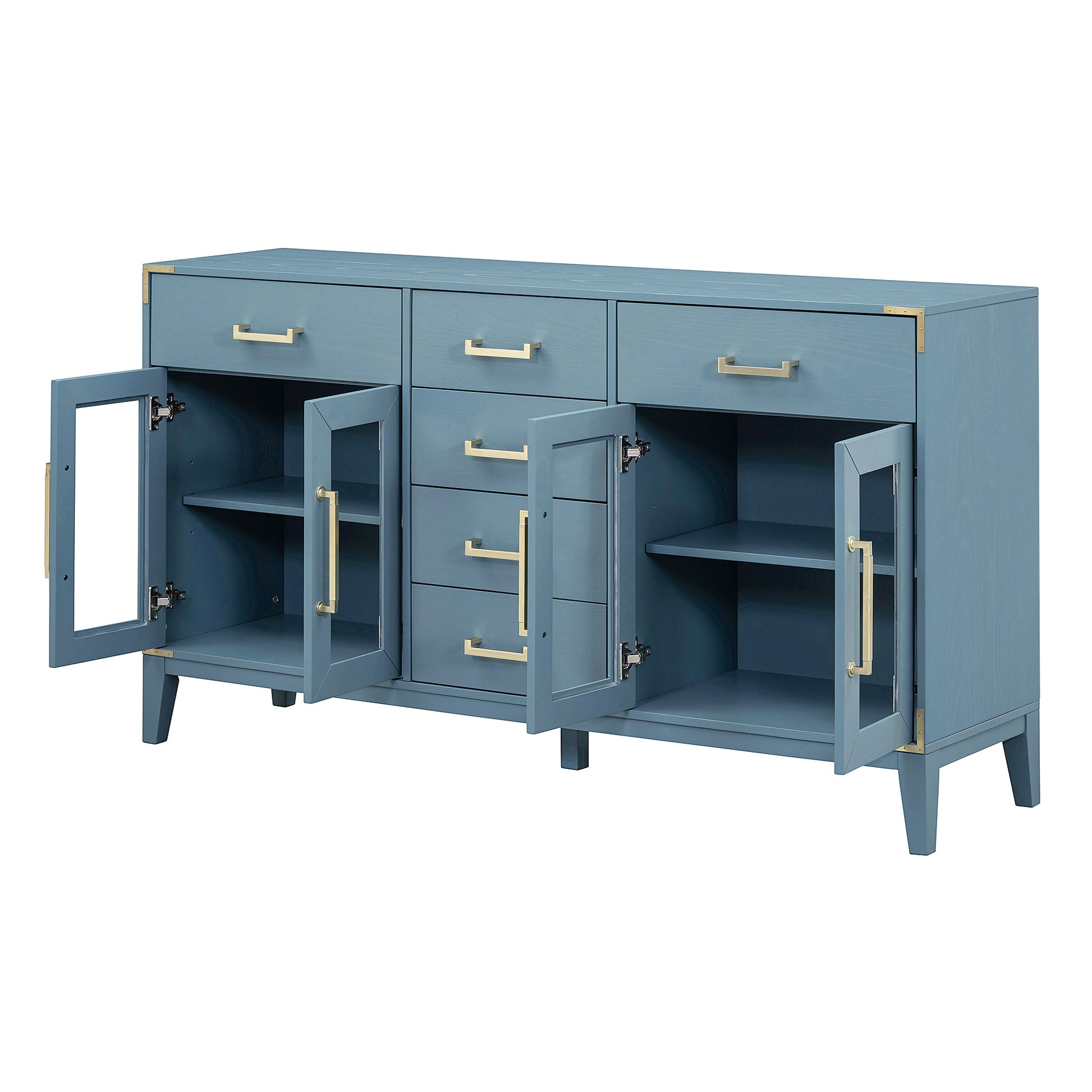 6 Drawer And 2 Cabinet Retro Sideboard With Extra Large Storage Space, With Gold Handles And Solid Wood Legs, For Kitchen And Living Room Antique Blue Antique Blue Solid Wood Mdf