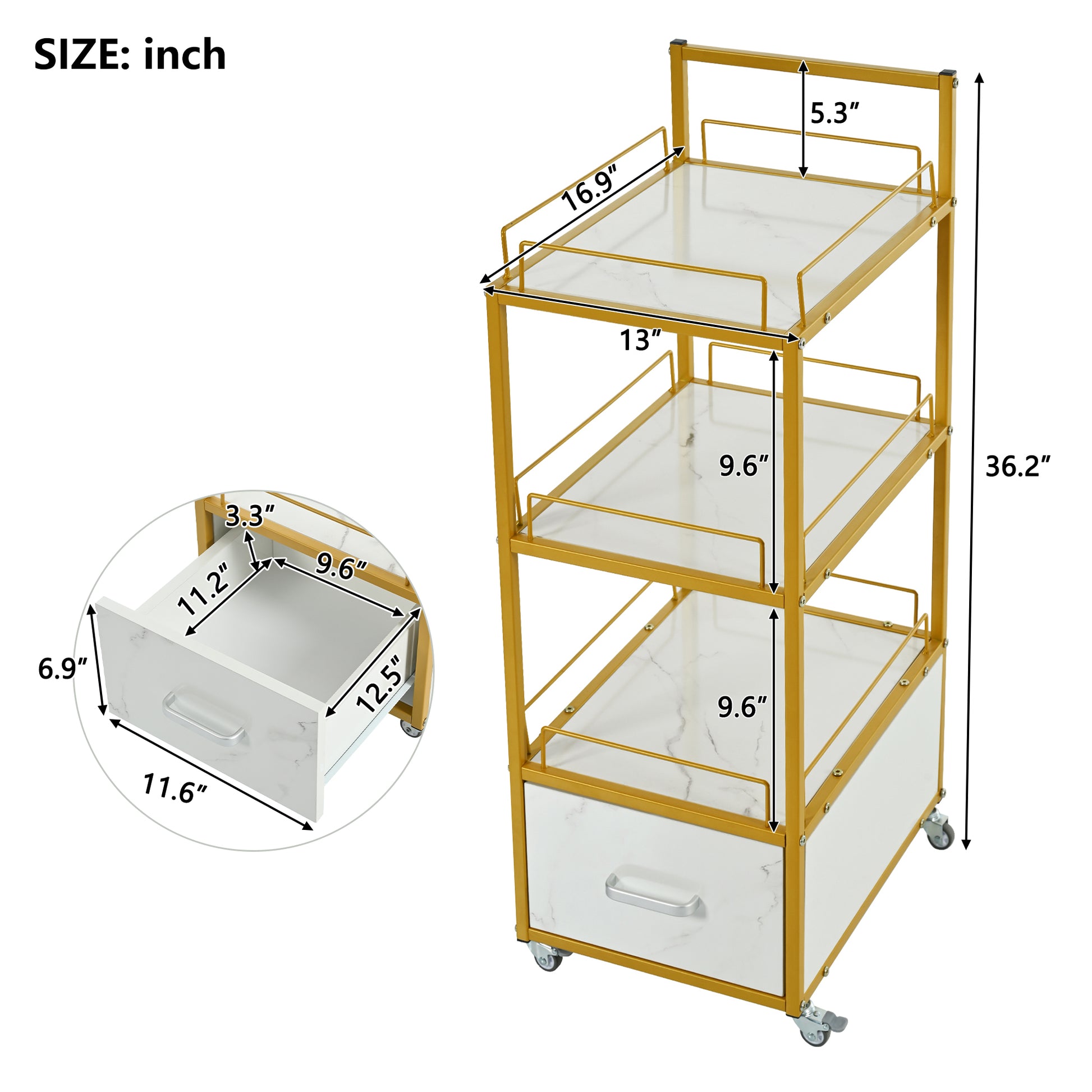 Beauty Salon Storage Trolley Cart,With Lockable Rolling Wheels,Metal Frame Marbled Board,Drawer Barber Salon Furniture,White Gold White Modern Mdf Mdf Metal