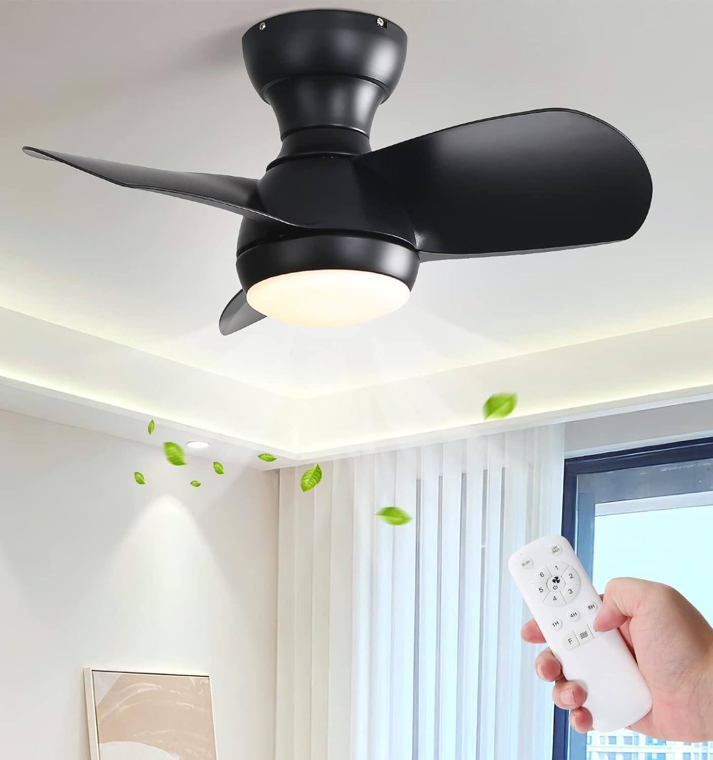 23 Inch Bedroom With 3 Color Dimmable 3 Abs Blades Remote Control Dc Motor Black With 18W Led Light Black Abs