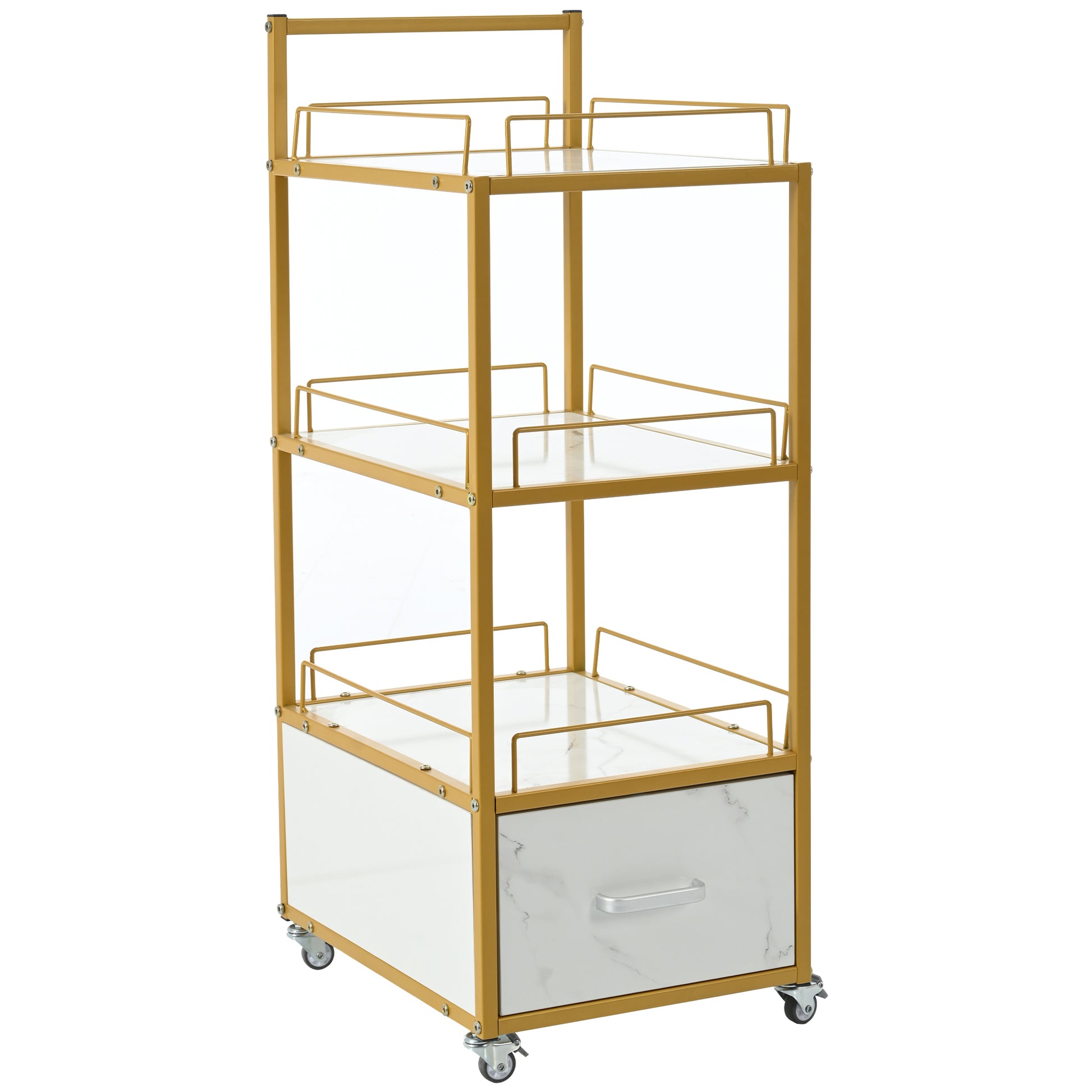 Beauty Salon Storage Trolley Cart,With Lockable Rolling Wheels,Metal Frame Marbled Board,Drawer Barber Salon Furniture,White Gold White Modern Mdf Mdf Metal