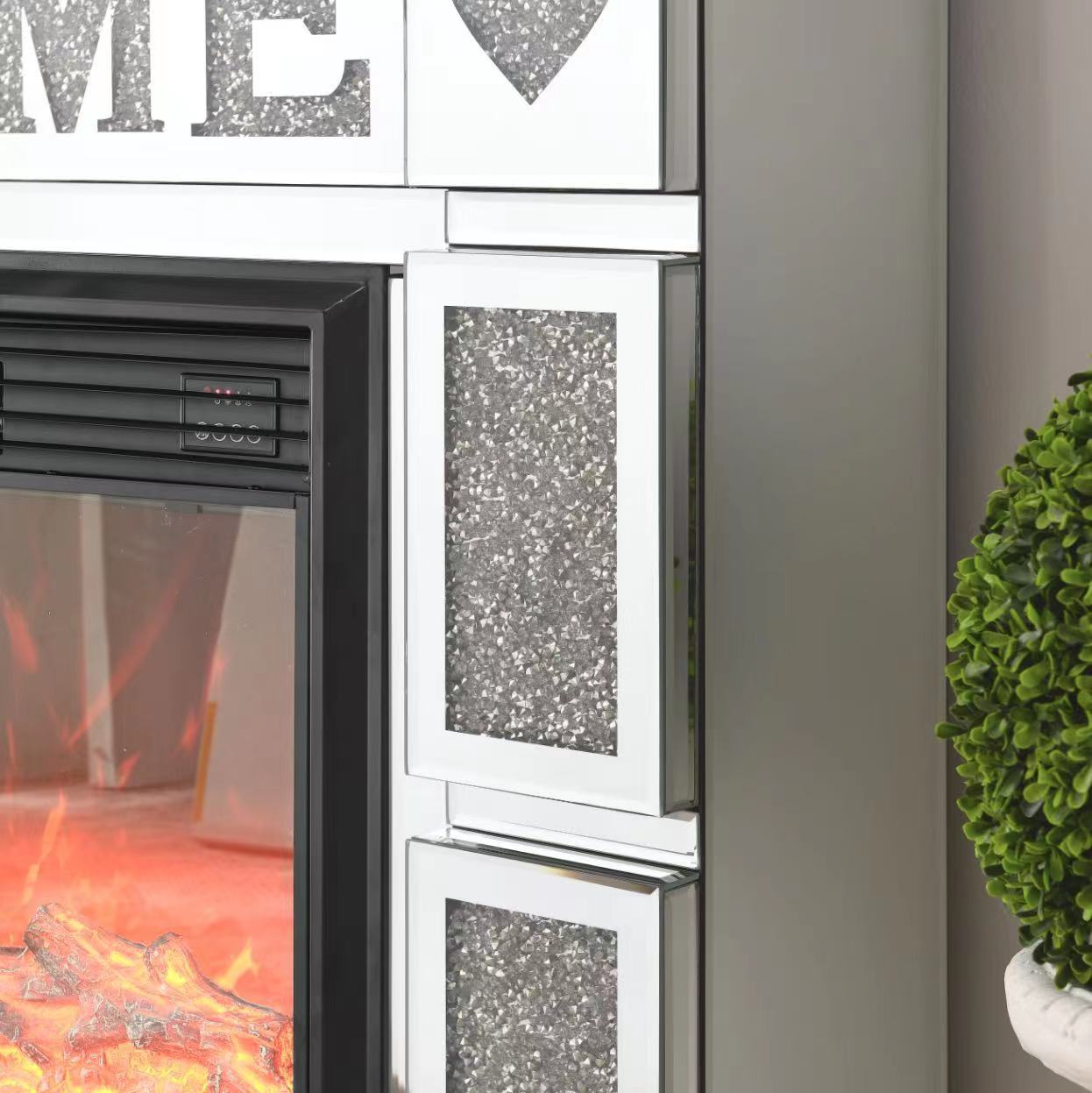 W 46" X D 12.6 X H 41 " Acrylic Diamond Mirror Fireplace Cabinet, Tv Fireplace Cabinet Powder Coated Electric Bedroom Yes Freestanding Electric 41 50 Yes Silver 400 Natural Vent American Design Acrylic Mdf Glass