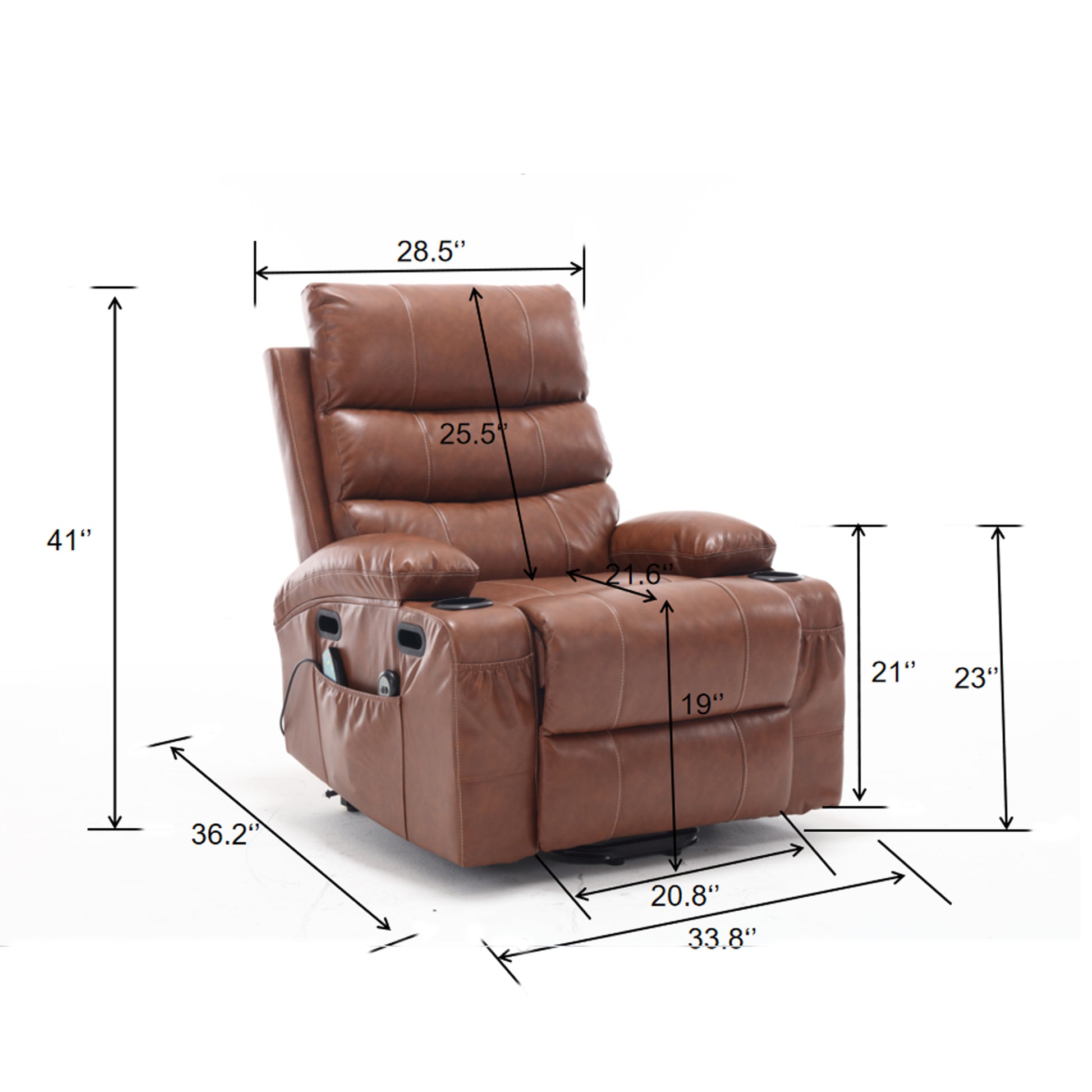 21"Seat Width,Large Size Electric Power Lift Recliner Chair Sofa For Elderly, 8 Point Vibration Massage And Lumber Heat, Remote Control, Side Pockets And Cup Holders, Cozy Fabric, Overstuffed Arm Pu Brown Pu