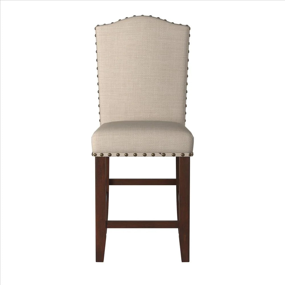 Classic Cream Upholstered Cushion Chairs Set Of 2Pc Counter Height Dining Chair Nailheads Solid Wood Legs Dining Room Cream Brown Dining Room Classic,Modern Dining Chairs Rubberwood Solid Back Solid Wood