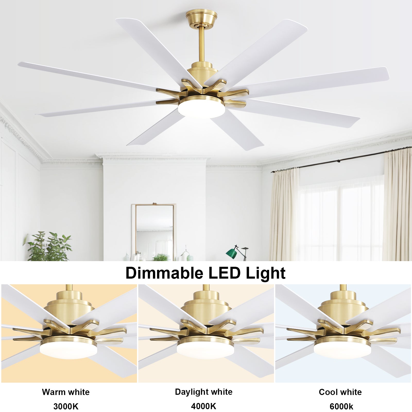 66 Inch Modern With Dimmable Led Light 8 Abs Blades Remote Control Reversible Dc Motor For Home Office Gold Metal