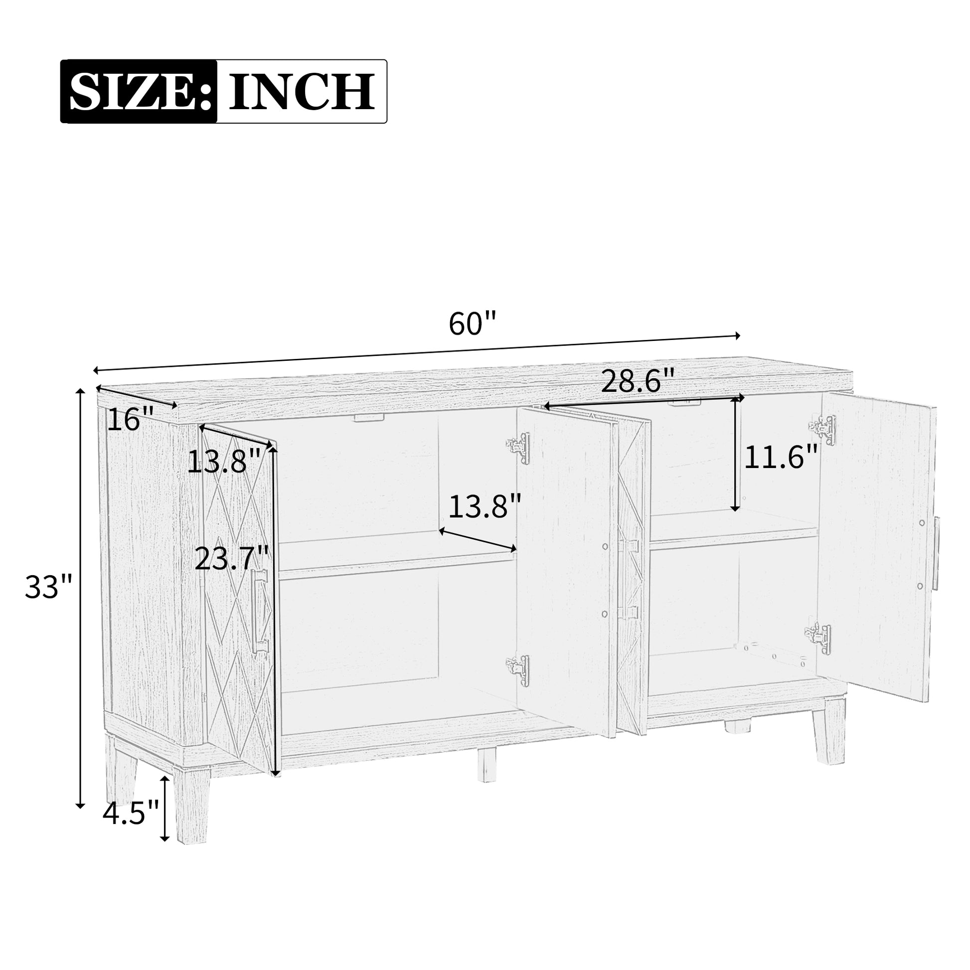 4 Door Retro Sideboard With Adjustable Shelves, Two Large Cabinet With Long Handle, For Living Room And Dining Room Black Black Mdf