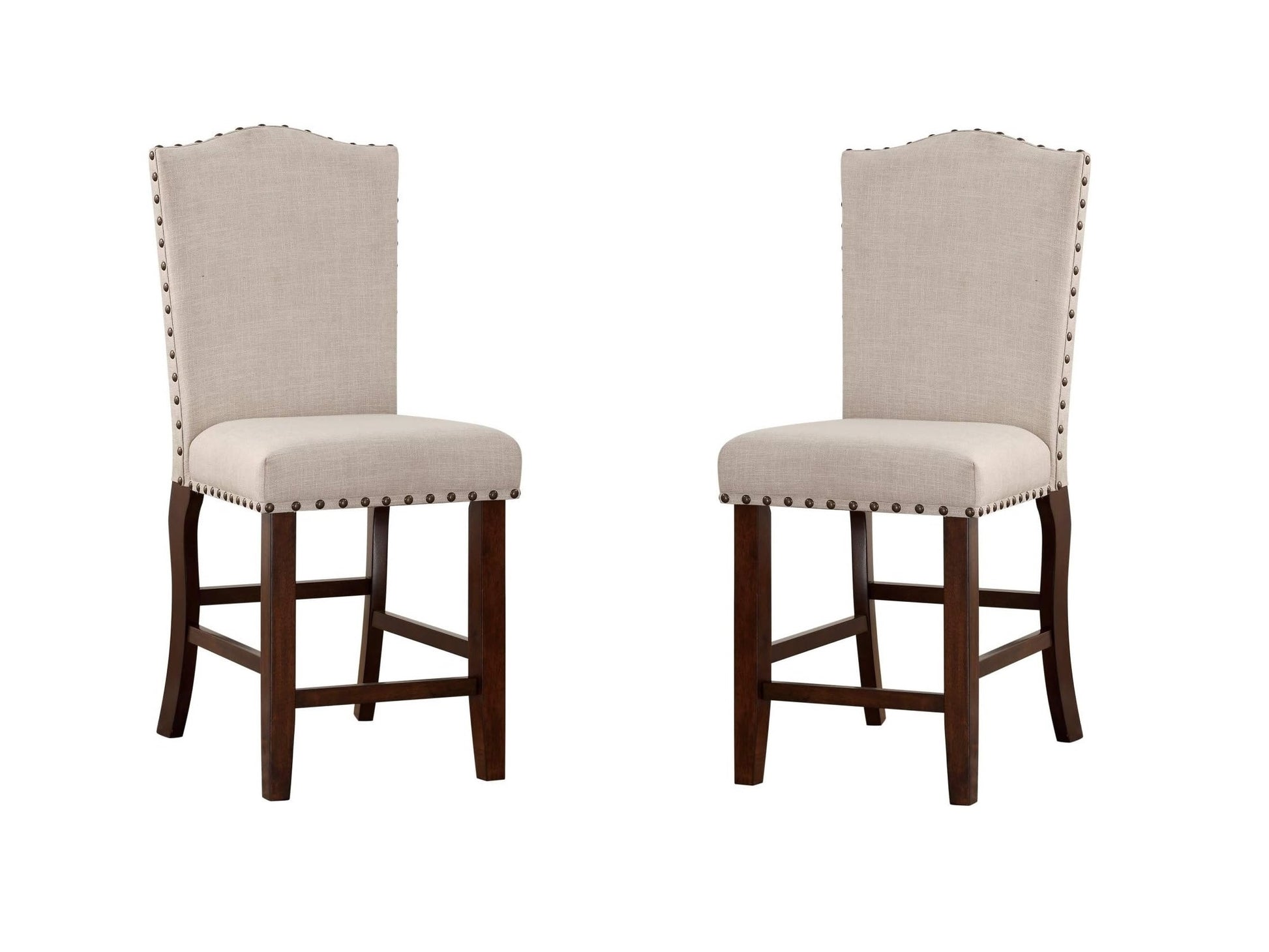 Classic Cream Upholstered Cushion Chairs Set Of 2Pc Counter Height Dining Chair Nailheads Solid Wood Legs Dining Room Cream Brown Dining Room Classic,Modern Dining Chairs Rubberwood Solid Back Solid Wood