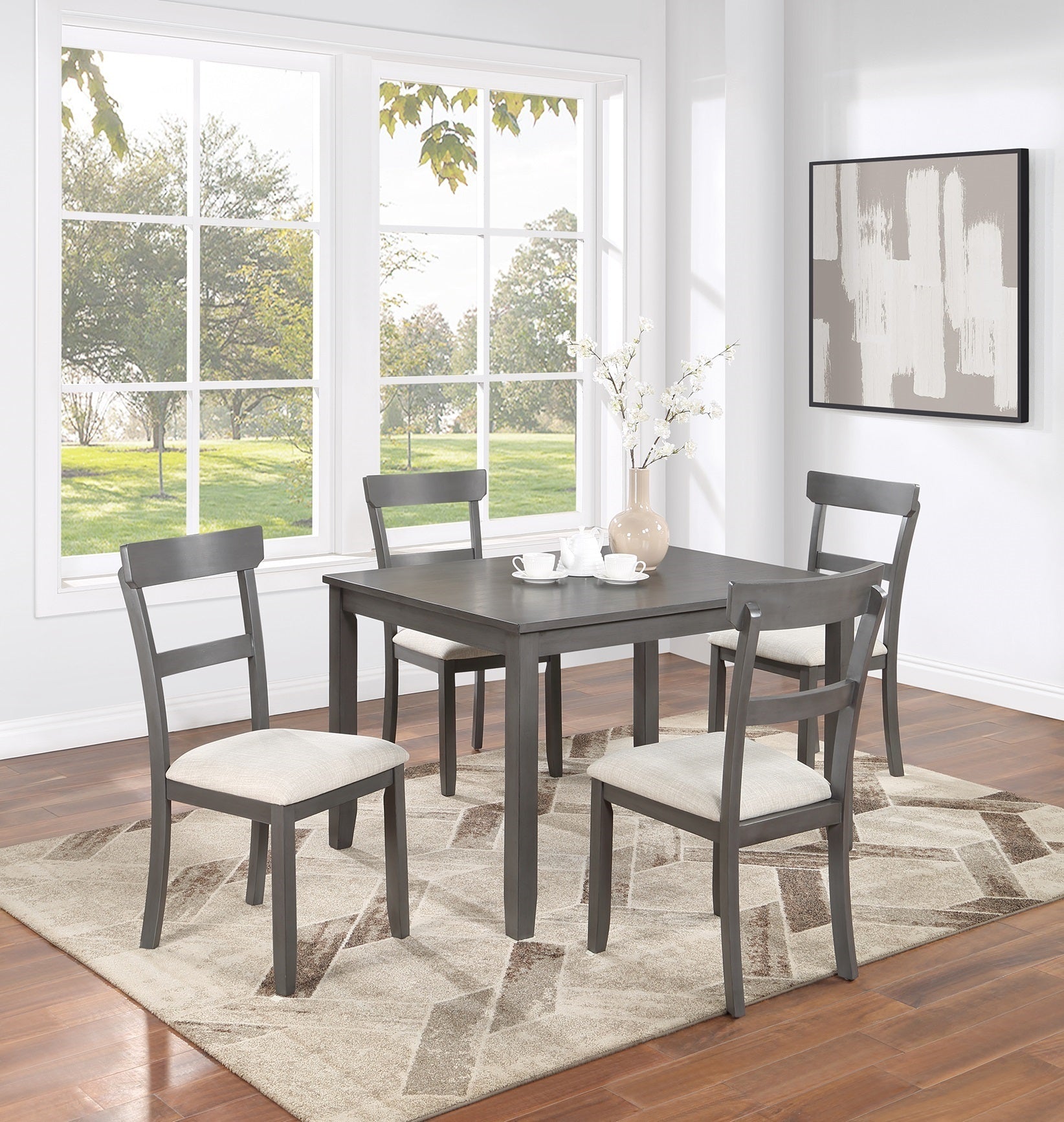 Classic Stylish Gray Natural Finish 5Pc Dining Set Kitchen Dinette Wooden Top Table And Chairs Cushions Seats Ladder Back Chair Dining Room Gray Wood Dining Room Rectangular Dining Table With Chair Upholstered Chair Wood Natural Grey Ladder Back Seats 4