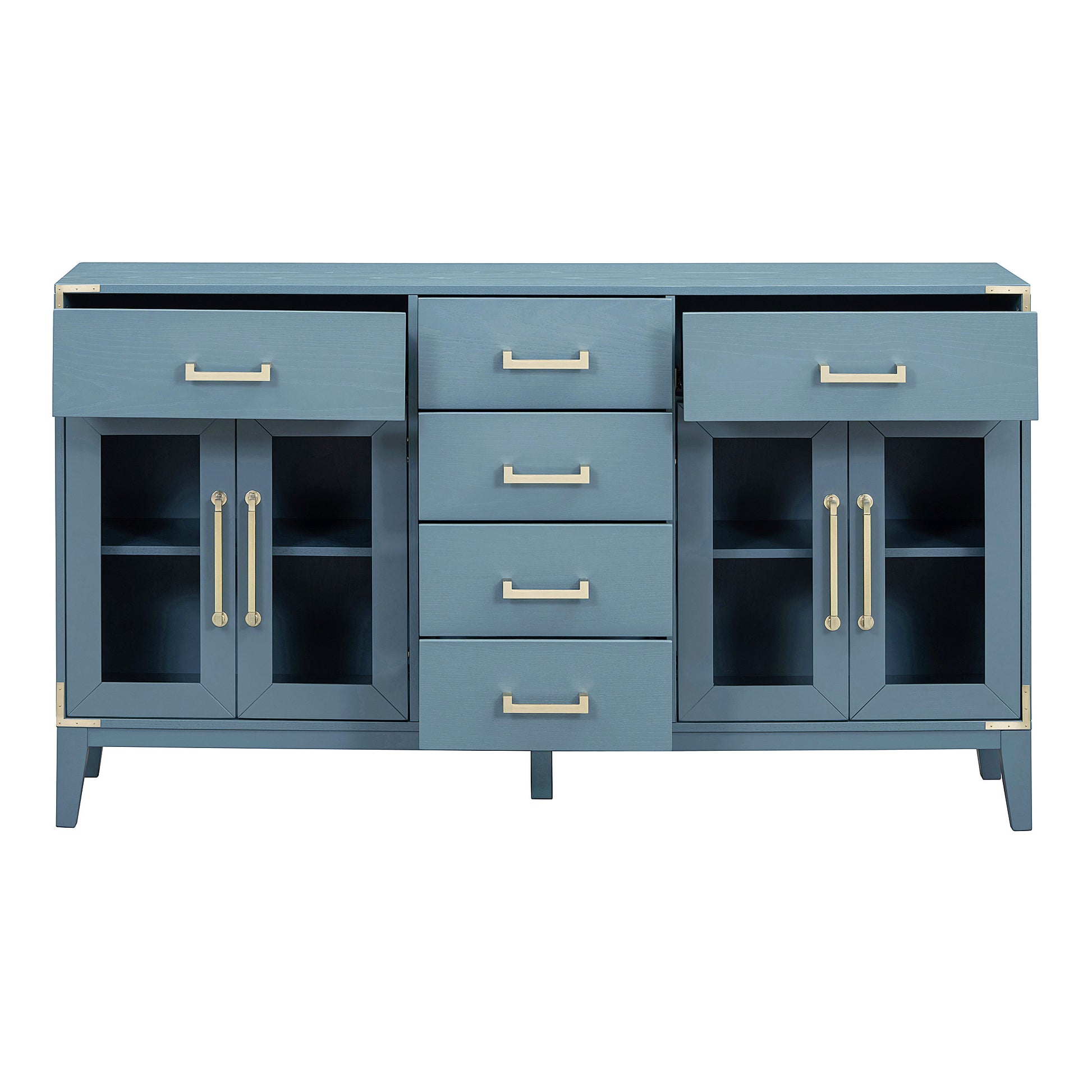 6 Drawer And 2 Cabinet Retro Sideboard With Extra Large Storage Space, With Gold Handles And Solid Wood Legs, For Kitchen And Living Room Antique Blue Antique Blue Solid Wood Mdf