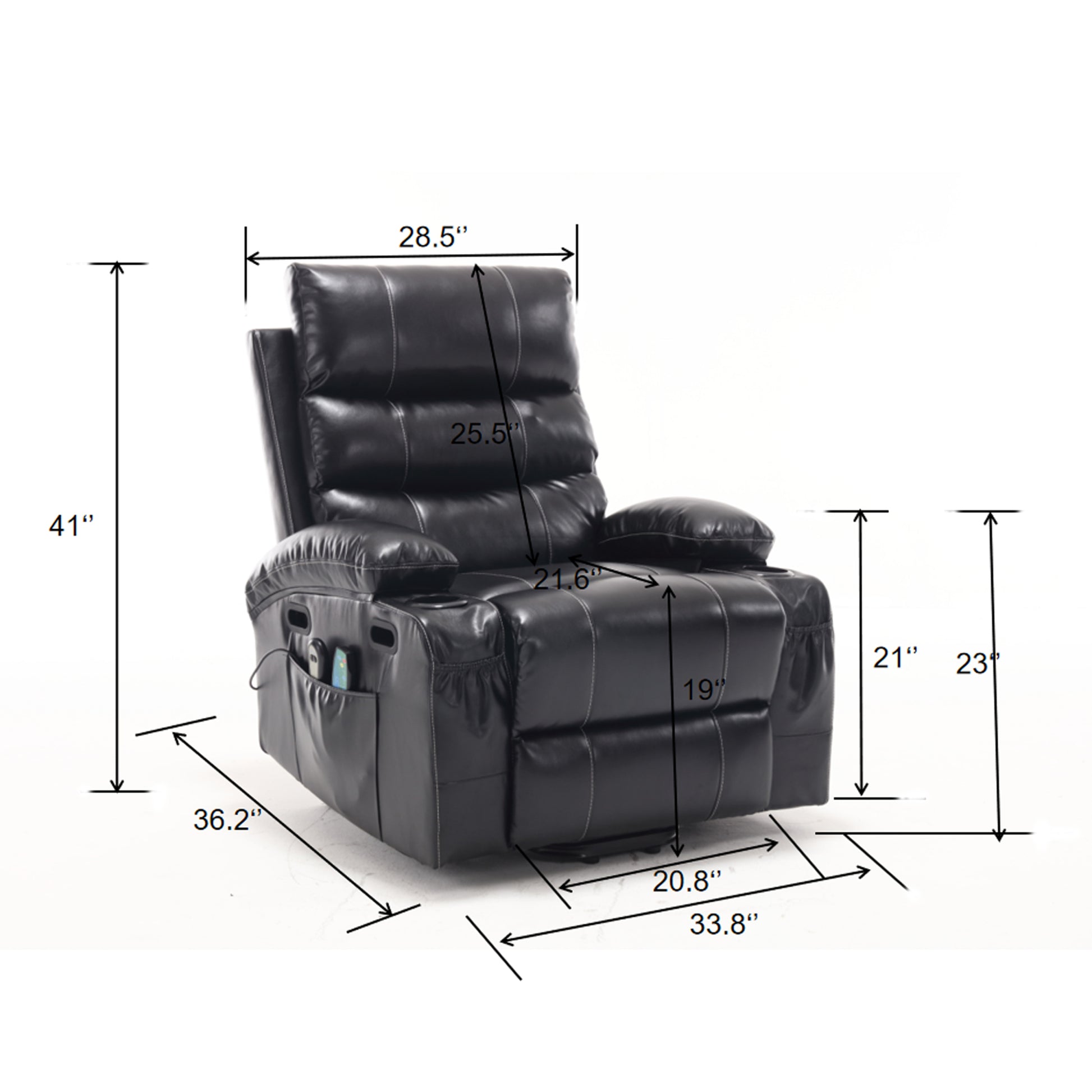 21"Seat Width,Large Size Electric Power Lift Recliner Chair Sofa For Elderly, 8 Point Vibration Massage And Lumber Heat, Remote Control, Side Pockets And Cup Holders, Cozy Fabric, Overstuffed Arm Pu Black Pu