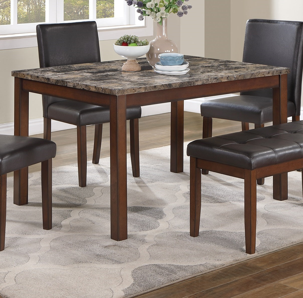 Classic Stylish Espresso Finish 5Pc Dining Set Kitchen Dinette Faux Marble Top Table Bench And 3X Chairs Faux Leather Cushions Seats Dining Room Brown Wood Dining Room Rectangular Dining Table With Chair And Bench Upholstered Chair Wood Espresso Solid