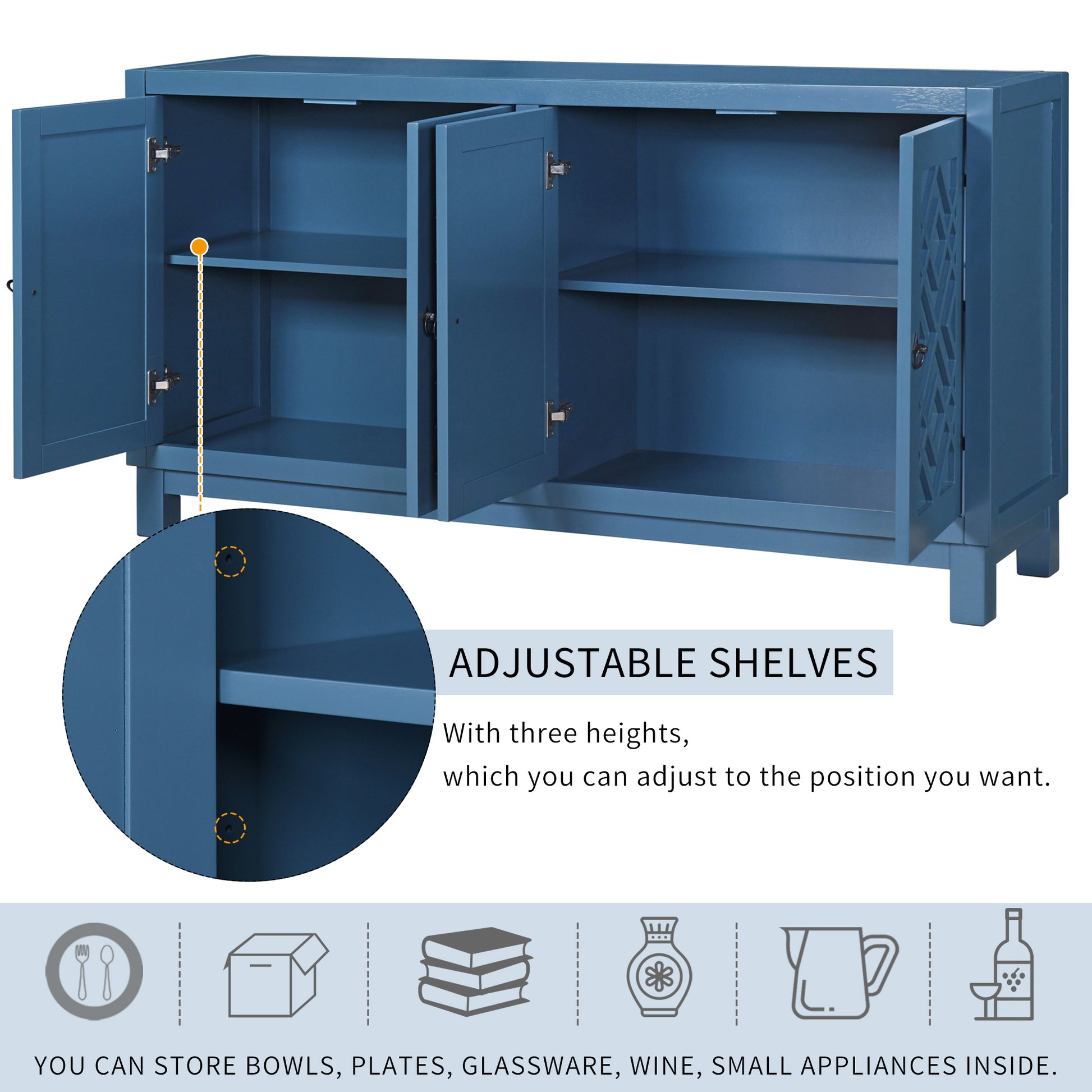 Large Storage Space Sideboard, 4 Door Buffet Cabinet With Pull Ring Handles For Living Room, Dining Room Navy Navy Mdf