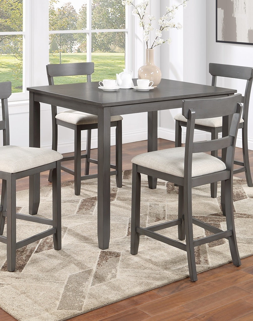 Classic Stylish Gray Natural Finish 5Pc Counter Height Dining Set Kitchen Wooden Top Table And Chairs Cushions Seats Ladder Back Chair Dining Room Gray Wood Dining Room Rectangular Dining Table With Chair Upholstered Chair Wood Natural Grey Ladder Back