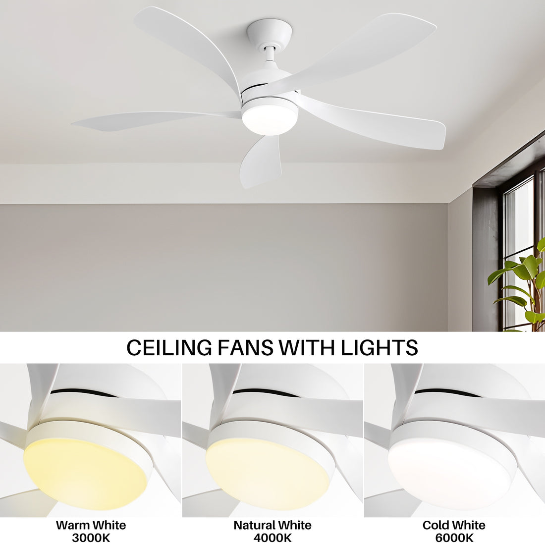 52 Inch Modern With 3 Color Dimmable Light 5 Abs Blades Smart Remote Control Reversible Dc Motor White For Indoor White Abs