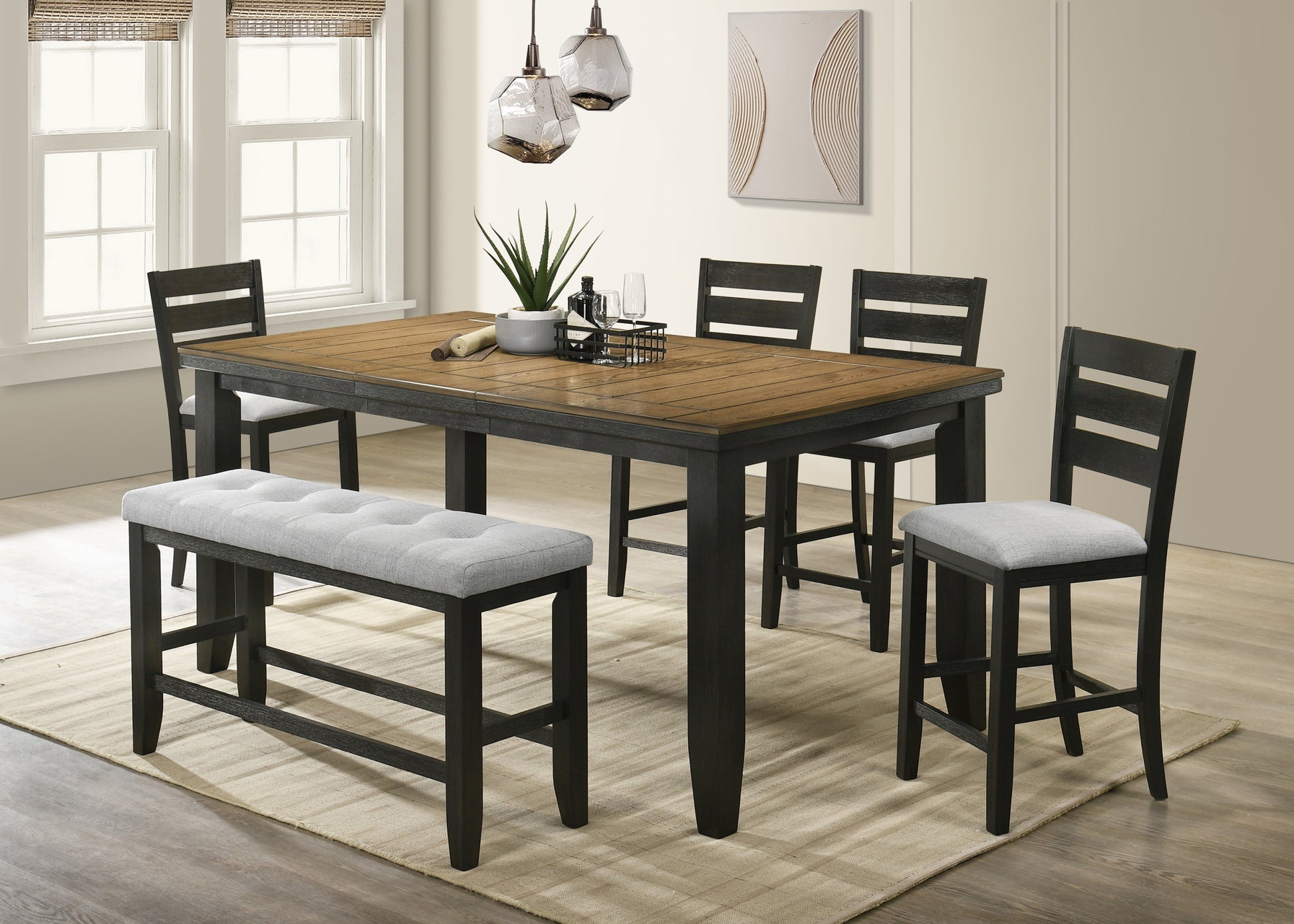 1Pc Contemporary Style Dining Rectangular Table With18" Leaf Tapered Block Feet Wheat Charcoal Finish Dining Room Solid Wood Wooden Furniture Charcoal Seats 6 Dining Room Contemporary Rectangular Wood