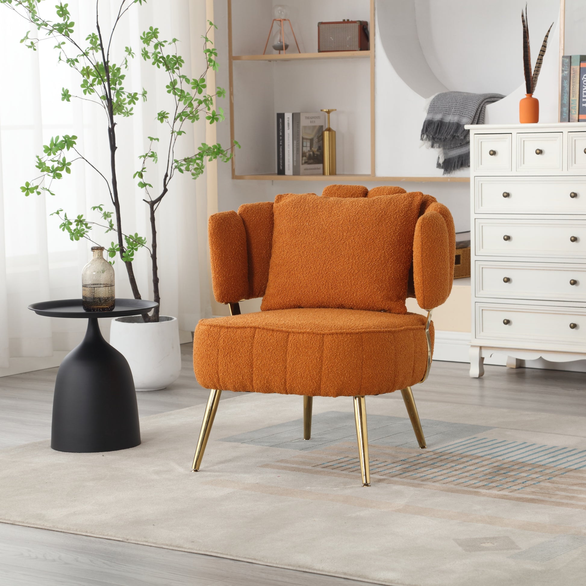 Coolmore Boucle Accent Chair Modern Upholstered Armchair Tufted Chair With Metal Frame, Single Leisure Chairs For Living Room Bedroom Orange Boucle