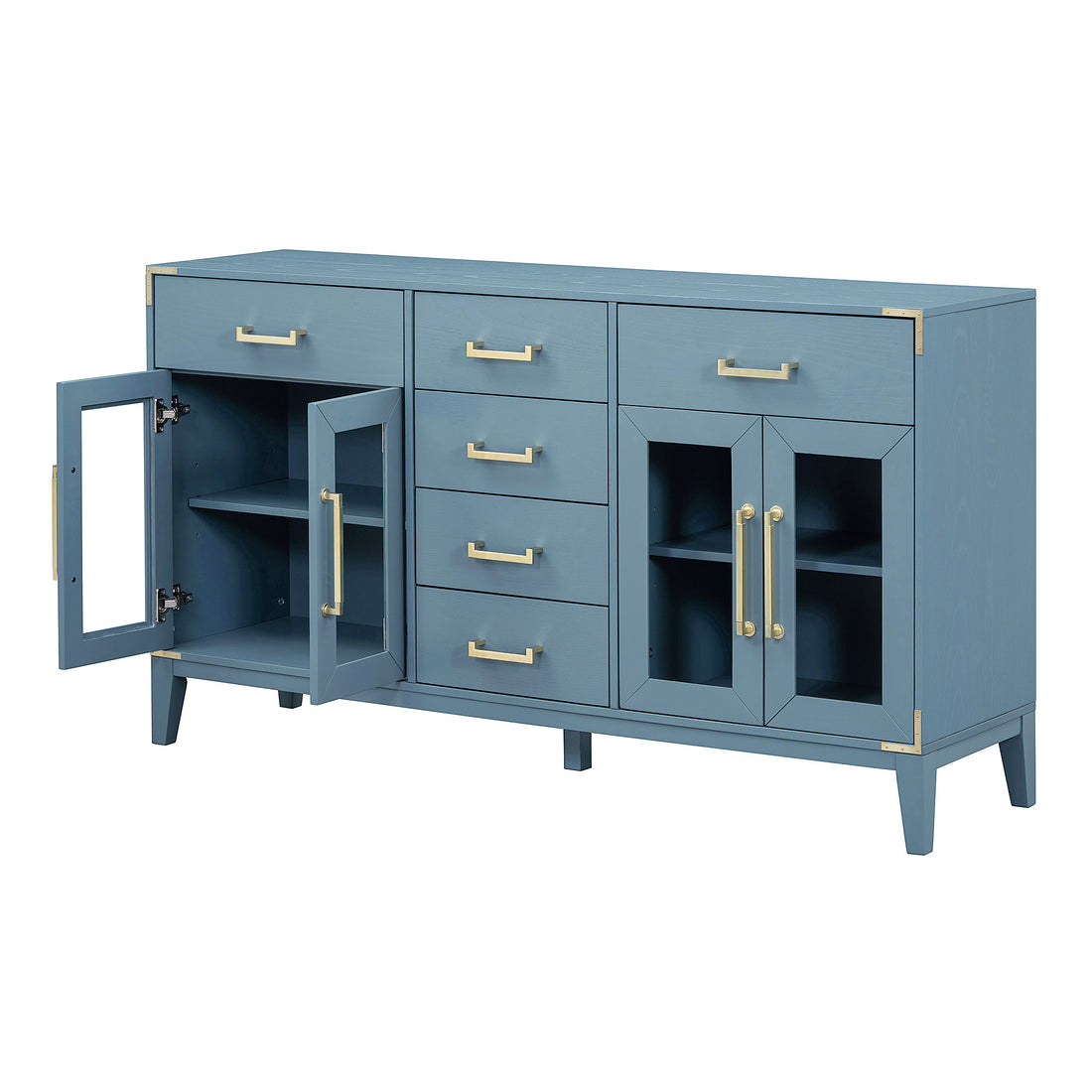 6 Drawer And 2 Cabinet Retro Sideboard With Extra Large Storage Space, With Gold Handles And Solid Wood Legs, For Kitchen And Living Room Antique Blue Antique Blue Solid Wood Mdf